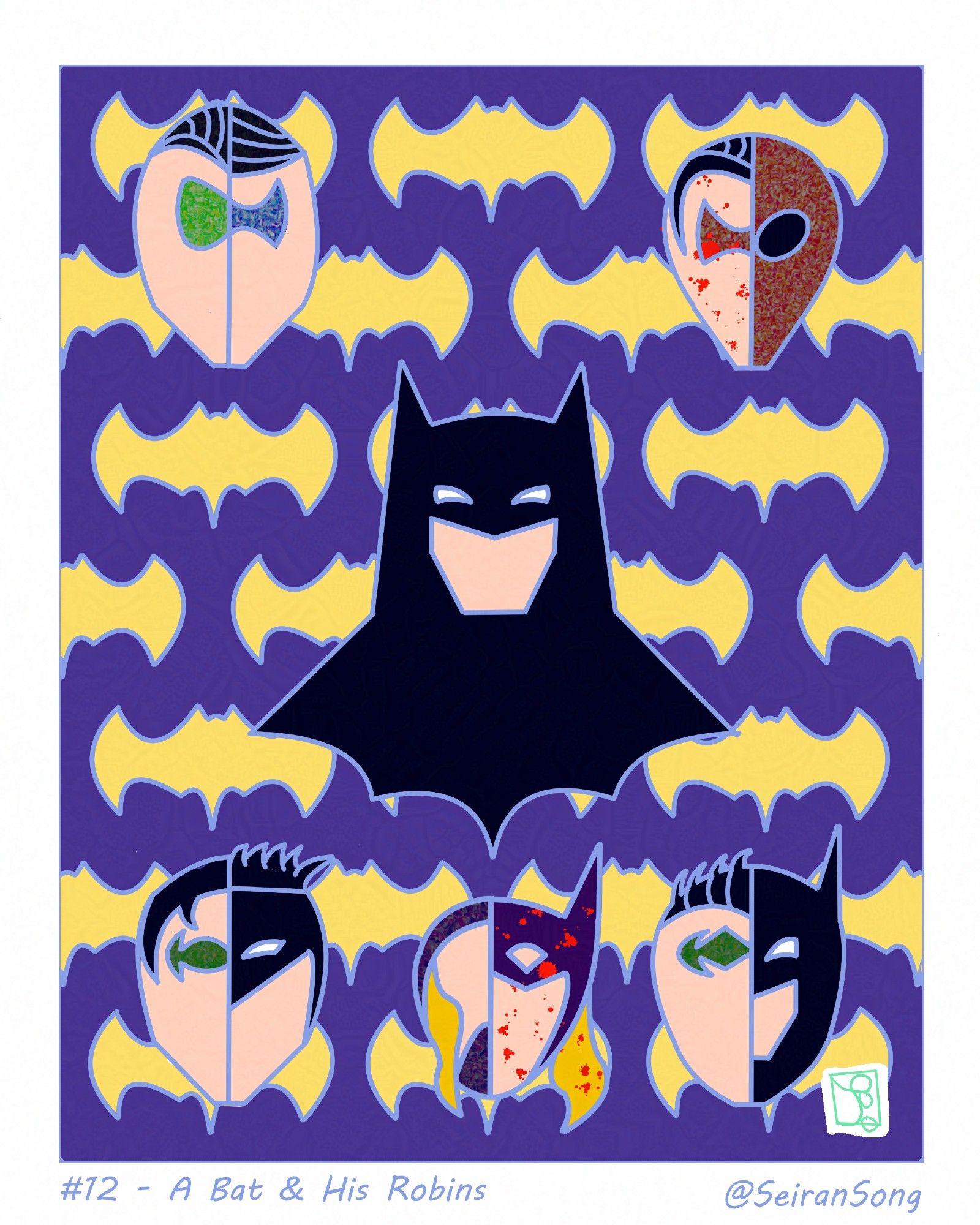 #12 - A Bat & His Robins. A stained-glass of Batman, surround by the various Robins and what became of them on a bat-symbol background. Y'all, that lore is crazy.