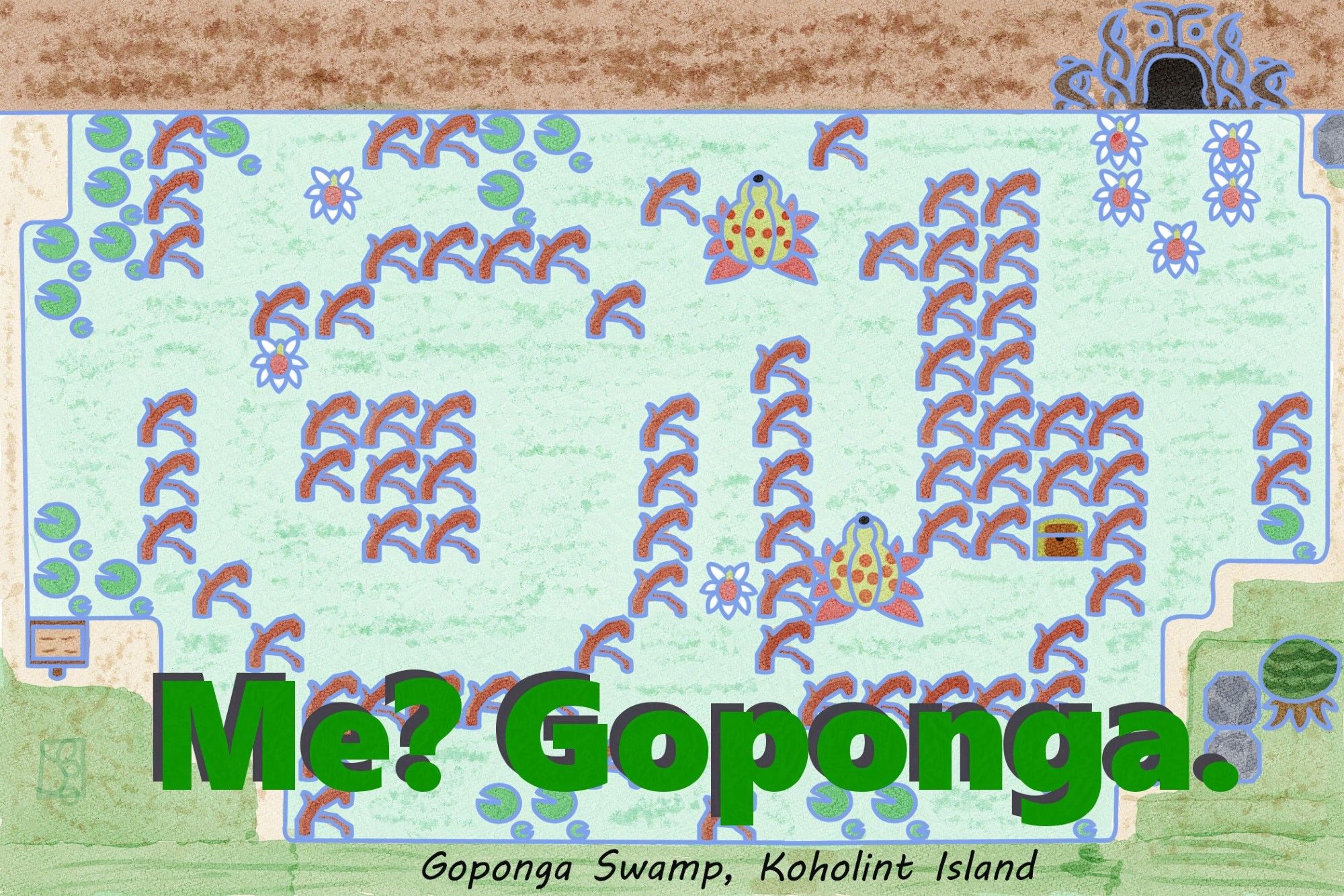 Goponga. A watercolor postcard of Goponga Swamp from Link's Awakening with the caption "Me? Goponga. Goponga Swamp, Koholint Island" referencing the "Me? Gonzaga." line from FFVII: Crisis Core.