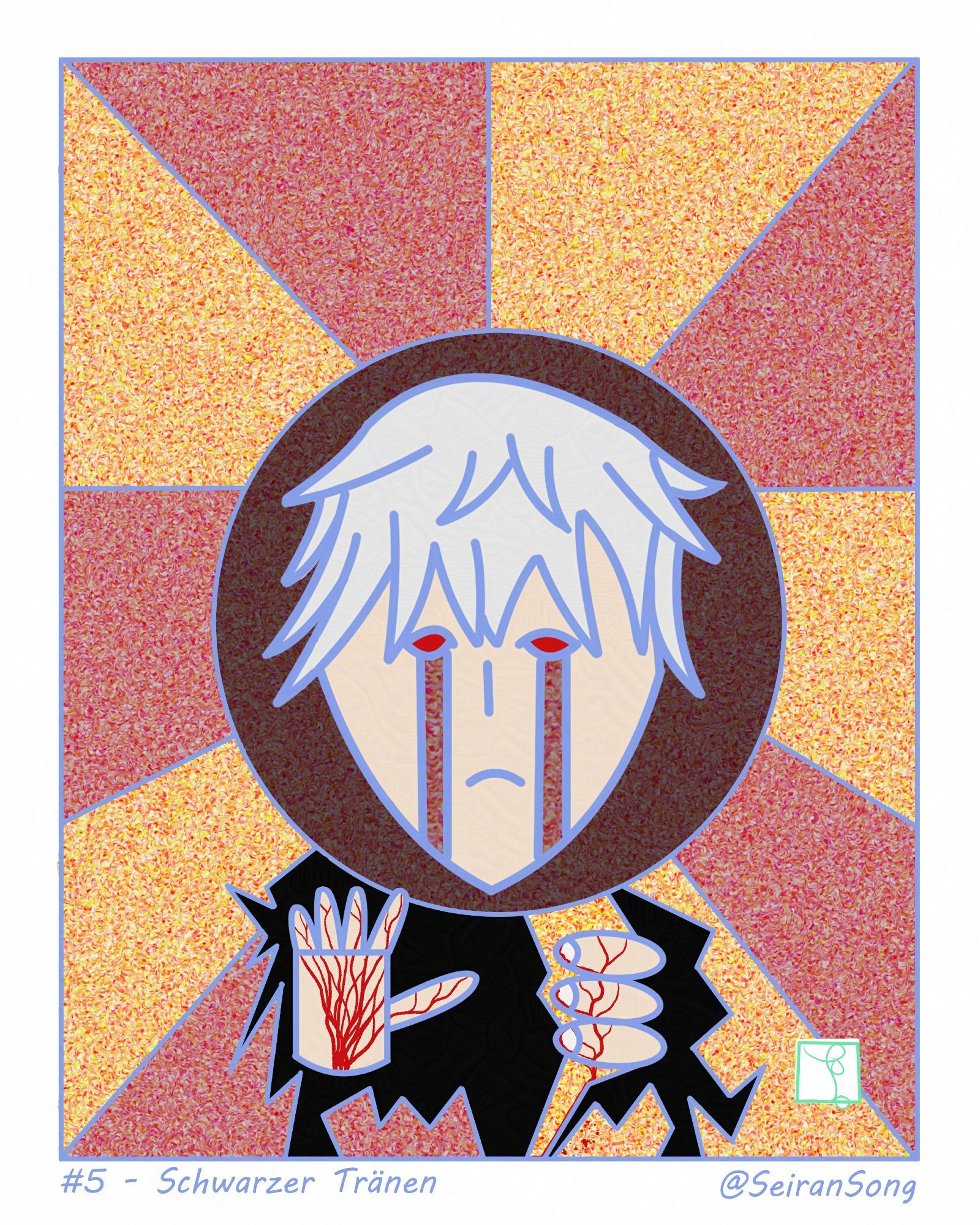 #5 - Schwarzer Tränen. A stained-glass of Rean Schwarzer, hands bleeding and eyes crying bloody tears, as he breaks the glass and longs for freedom. Schwarz tränen means black tears, or tears of sorrow or black despair.