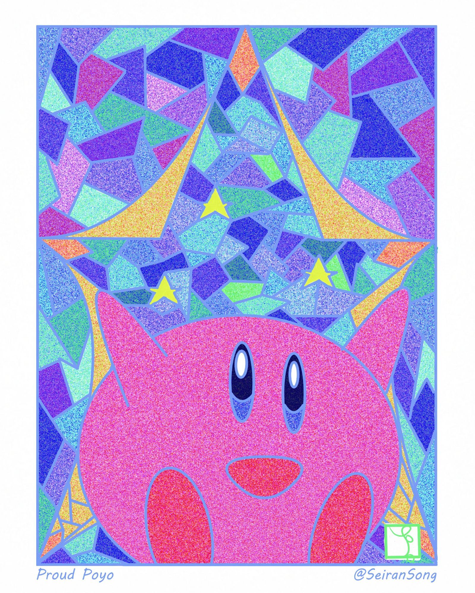 #2 - Proud Poyo. A stained-glass Kirby on a stained-glass star smiles proudly at you. Kirby believes in you!