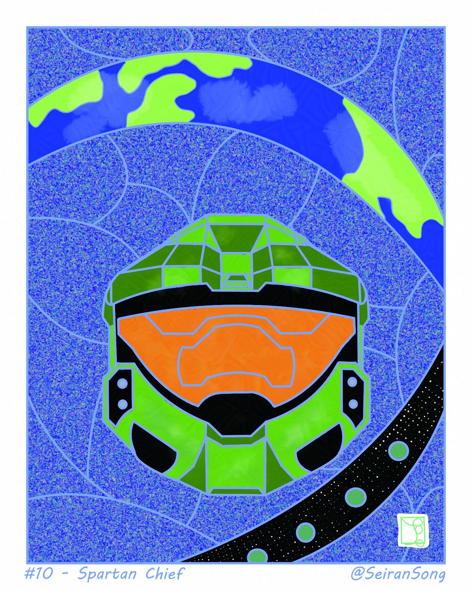 #10 - Spartan Chief. A stained-glass of the helmet of Master Chief of Halo fame, encircled by a Halo ring floating in the darkness of space.