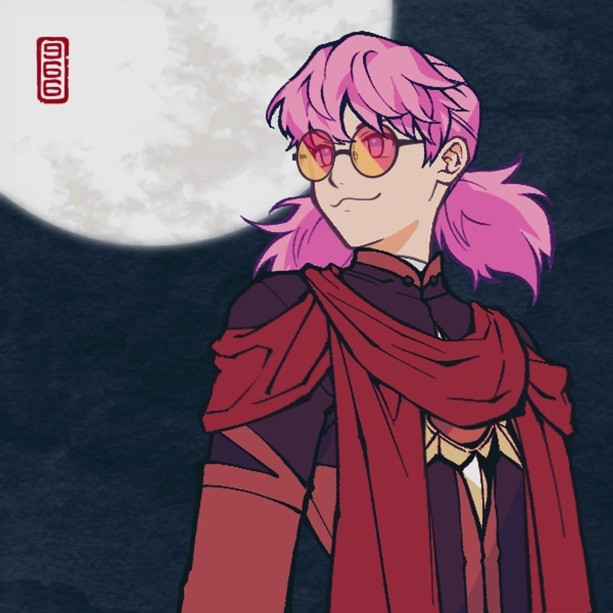 A picrew of Brander in red drapey clothes and yellow shades with the moon looming large in the background.