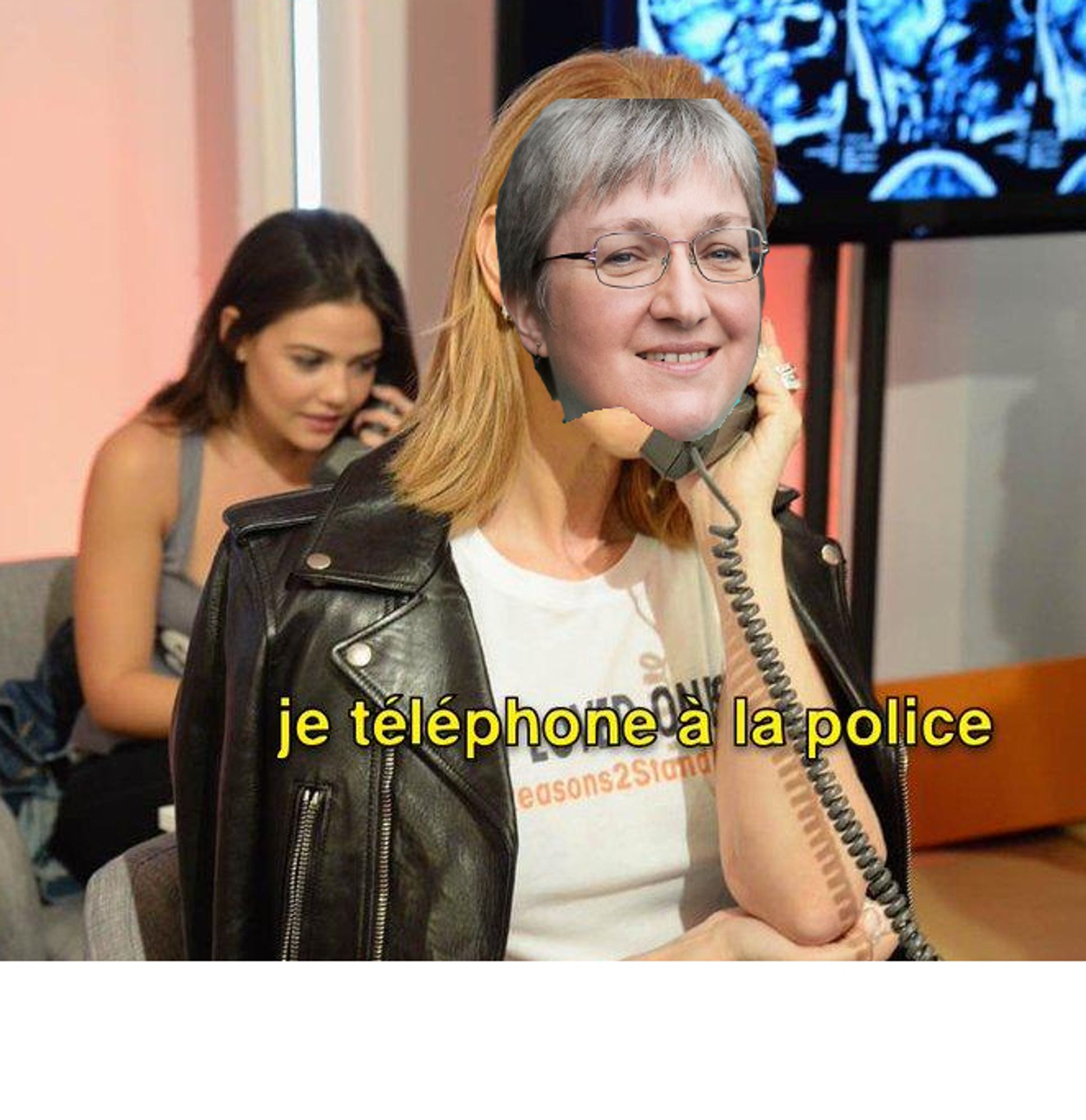 the meme w celine dion (who is wearing a black leather jacket & white dress or top idk) on the phone. the text says 'he telephone a la police'. there is another white woman with brown hair behind her. the face of someone being upset because they were called out on an absolute garbo post has been superimposed on to celine dions face