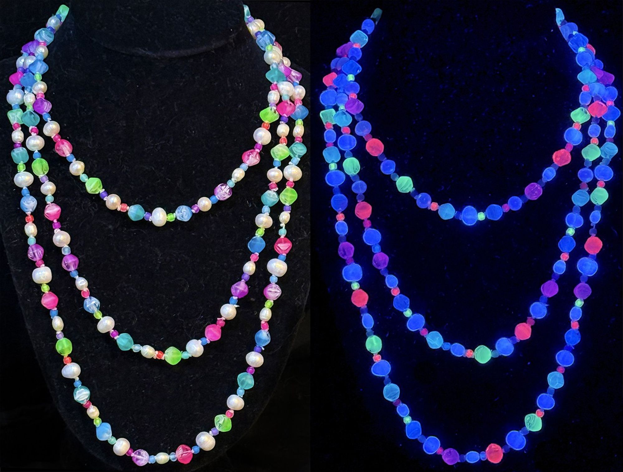 A necklace with pearls and neon beads in 3 strands.