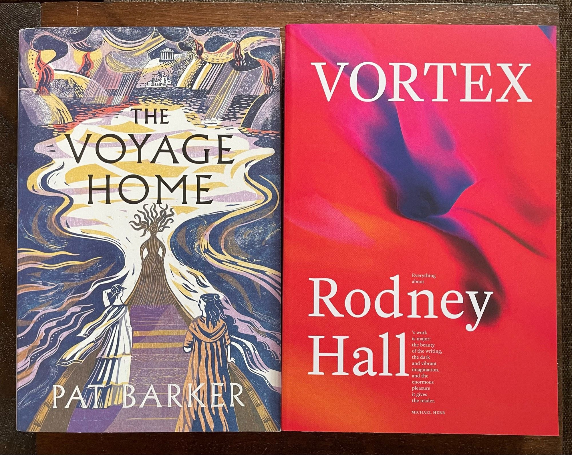 Covers of The Voyage Home by Pat Barker and Vortex by Rodney Hall