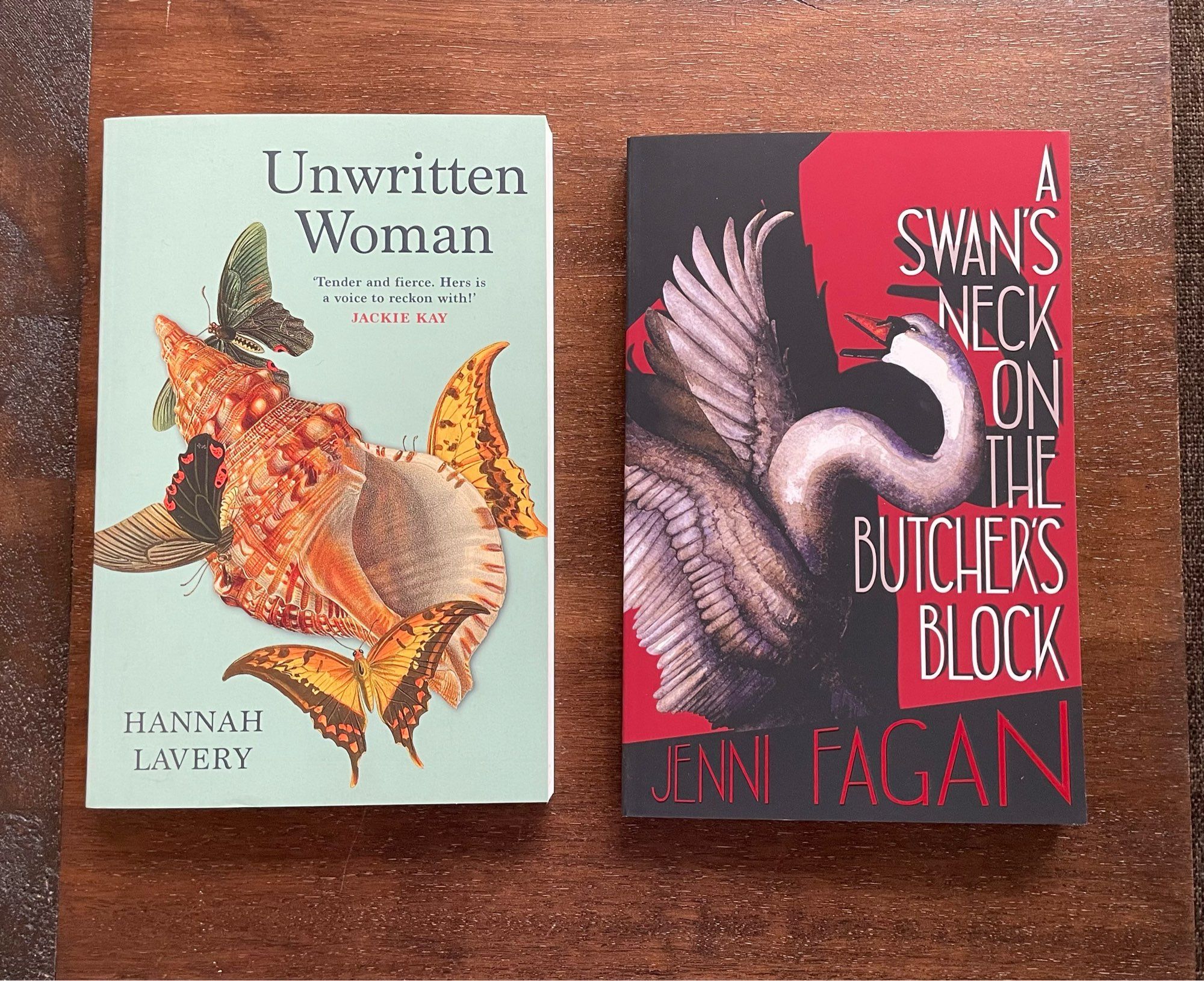 Covers of poetry collections, Unwritten Woman by Hannah Lavery and A Swan’s Neck on the Butcher’s Block by Jenni Fagan.