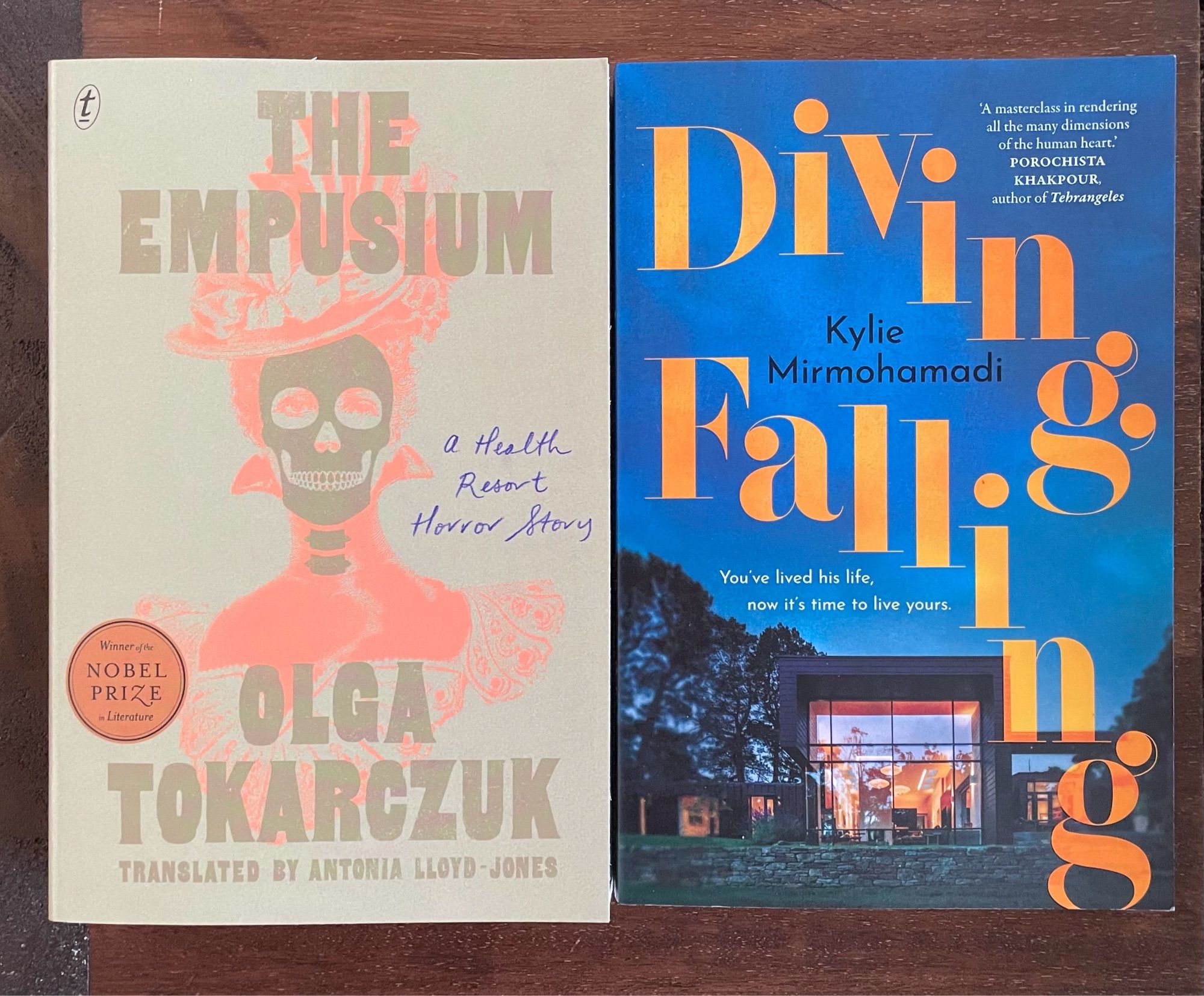 Covers of The Empusium by Olga Tokarczuk and Diving, Falling by Kylie Mirmohamadi.