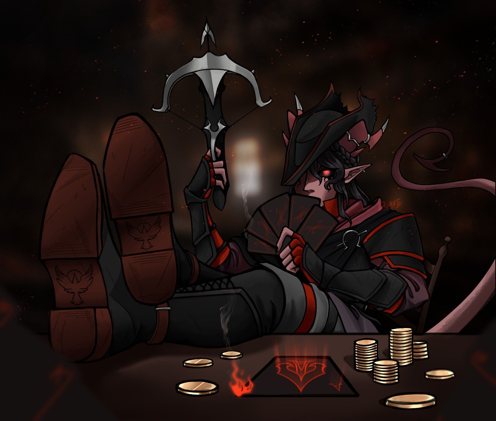 A red-skinned tiefling wearing a tricorn hat, sitting with her feet up on a gambling table, smoking playing cards in one hand and a crossbow in the other. A flaming ace of spades is set on the table, as are stacks of gold coin. She is clearly winning.