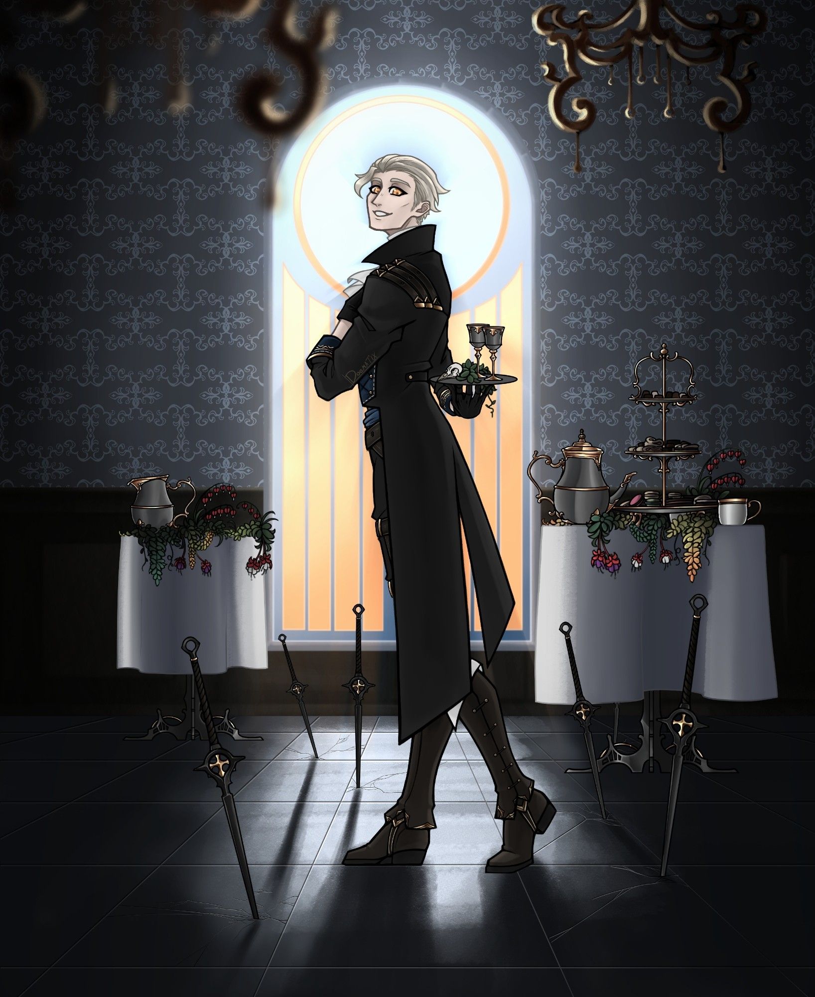 A drawing of a butler gracefully posing with a serving tray holding goblets, plants, and a bird skull. There are several daggers stabbed into the tile floor around him. He is smiling happily despite.