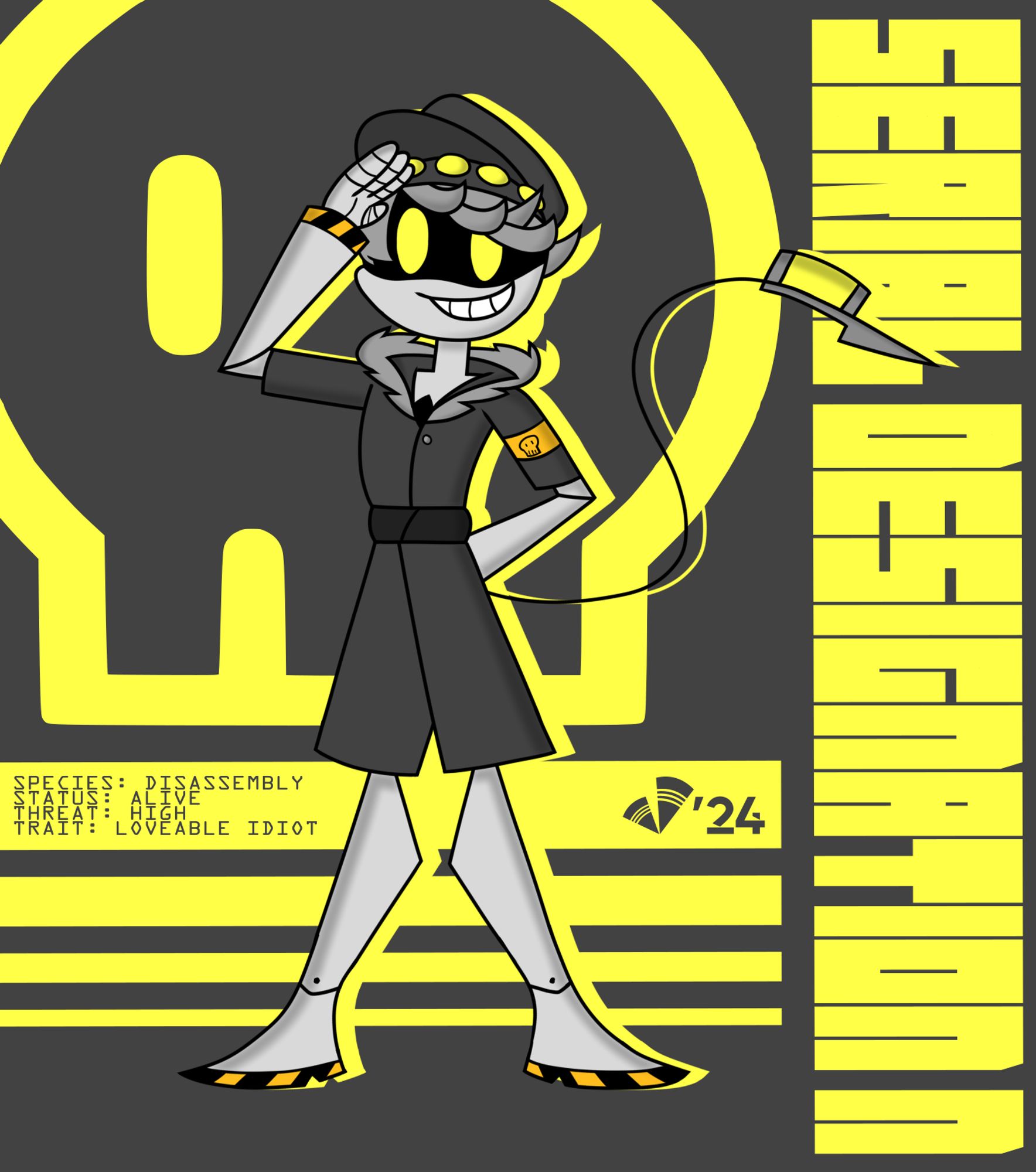 A drawing of one of the Murder Drones characters N doing his signature pose inside of a gray background with a yellow text saying "SERIAL DESIGNATION N" vertically on the right. Next to it is the disassembly drone icon with 4 bars on the bottom also in yellow.