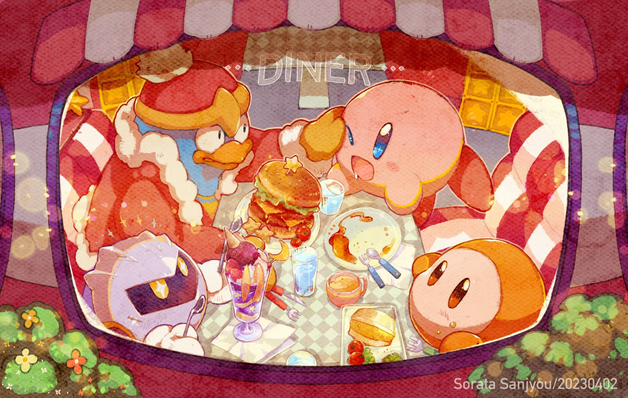 Kirby eats lunch with his friends.