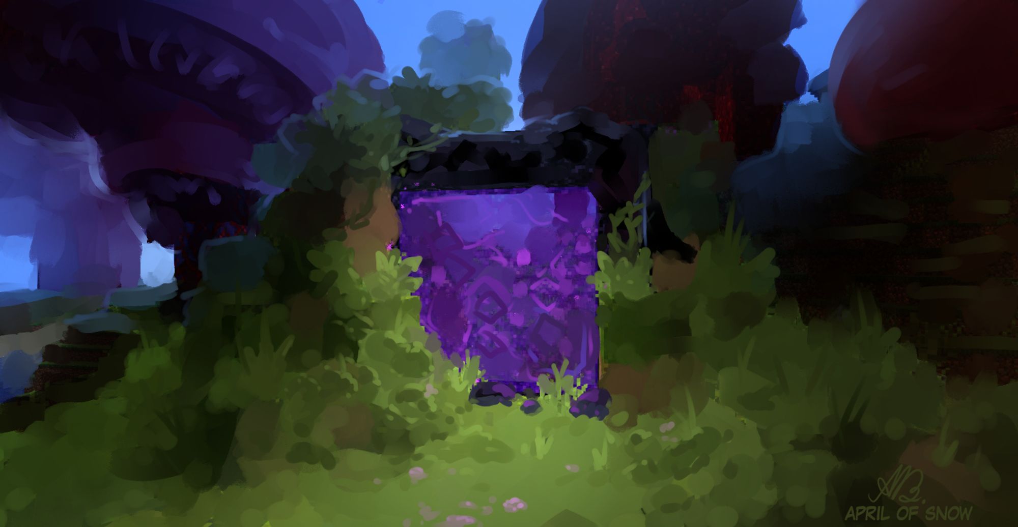 nether portal from Minecraft paintover, it is overgrown with moss and flowers and huge mushrooms loom in the background