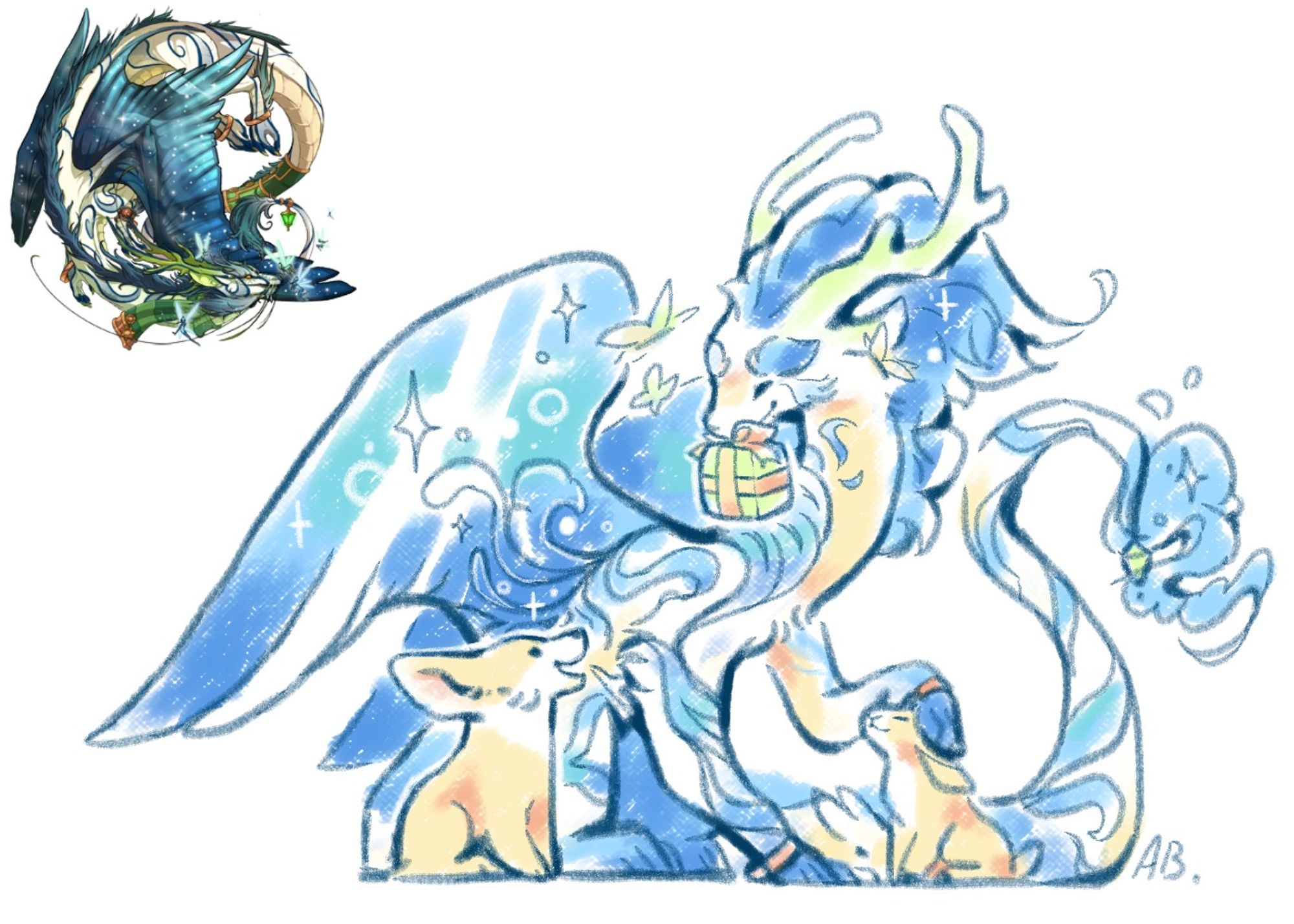 imperial dragon holding a gift in its mouth and looking at a corgy while petting a goat and bunny