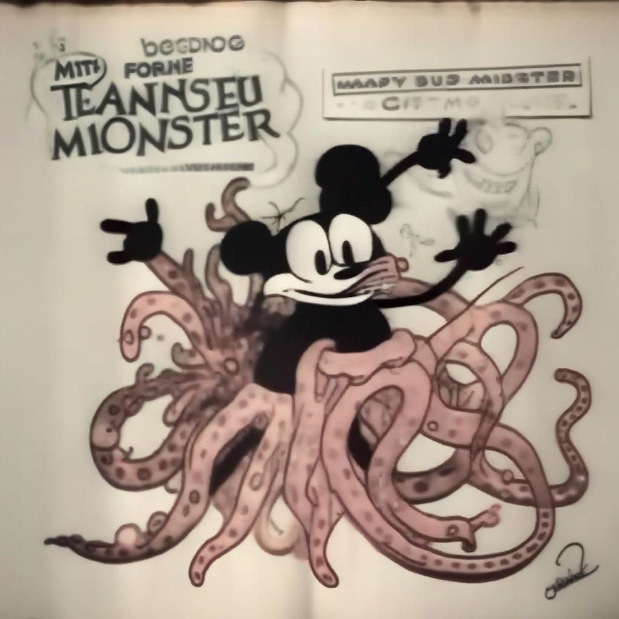 Mickey Mouse with lots of tentacles and extra arms.