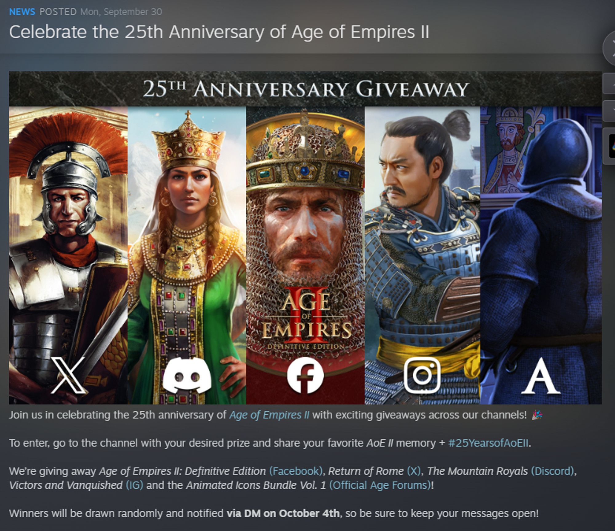 A screen grab of the Steam news posted by the Age of Empires team detailing their current giveaway to celebrate the 25th anniversary. More details at https://store.steampowered.com/news/app/813780/view/4697907306035366271?l=english