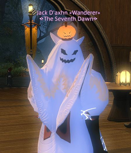 Cropped screenshot of Jack in FFXIV wearing a ghost costume