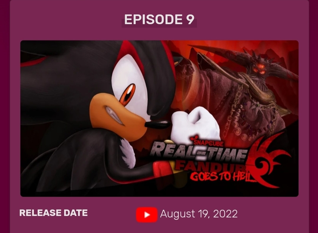 A snapshot of the Real-Time Fandub Wiki page for the Shadow the Hedgehog dub, focused on the thumbnail of the video and its release date, which is August 19, 2022.