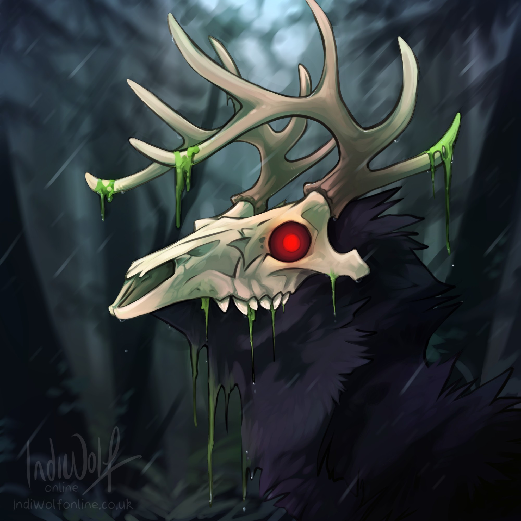 A dark deer skulled beast with glowing red eyes waits deep in the forest as it calmly rains 