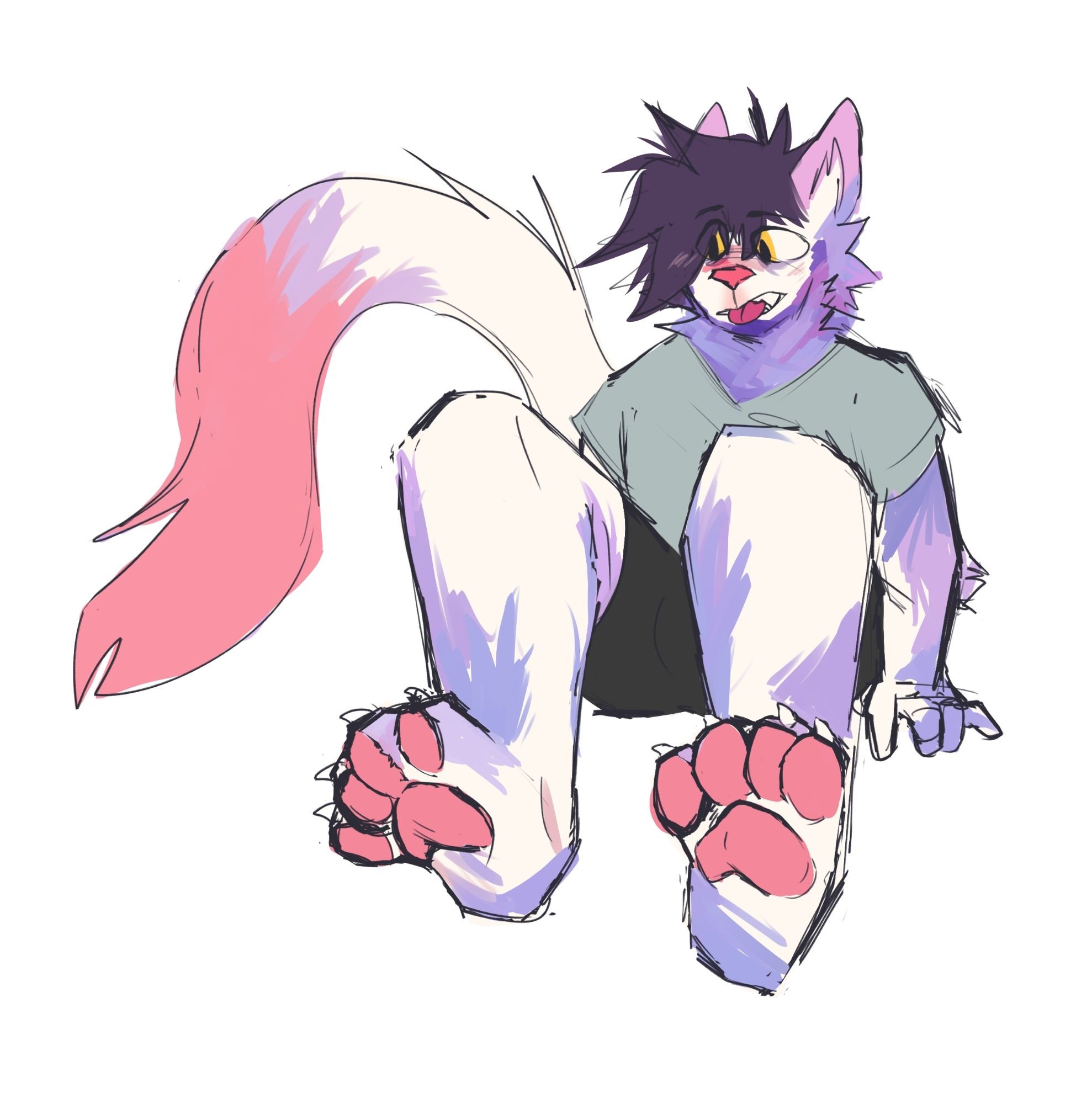 My fursona Baw, an anthropomorphic cat, looking down and showing his paws, the fur has different colors (light purple, light purplish blue, pink and white).