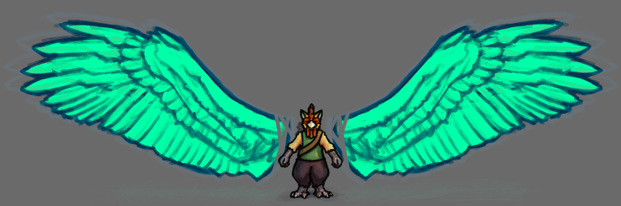 Another picture of Pip, the small anthro chicken monk, but with giant, glowing blue wings summoned at their sides, with their eyes closed.