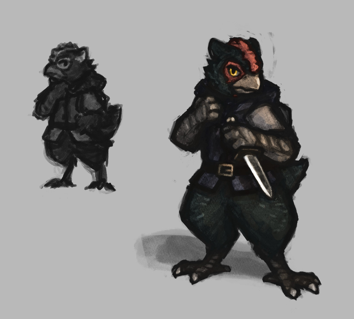 Reference of an anthropomorphic chicken. An all-black hen wearing a light armoured blue vest and brandishing a knife with a serious look in her eye.