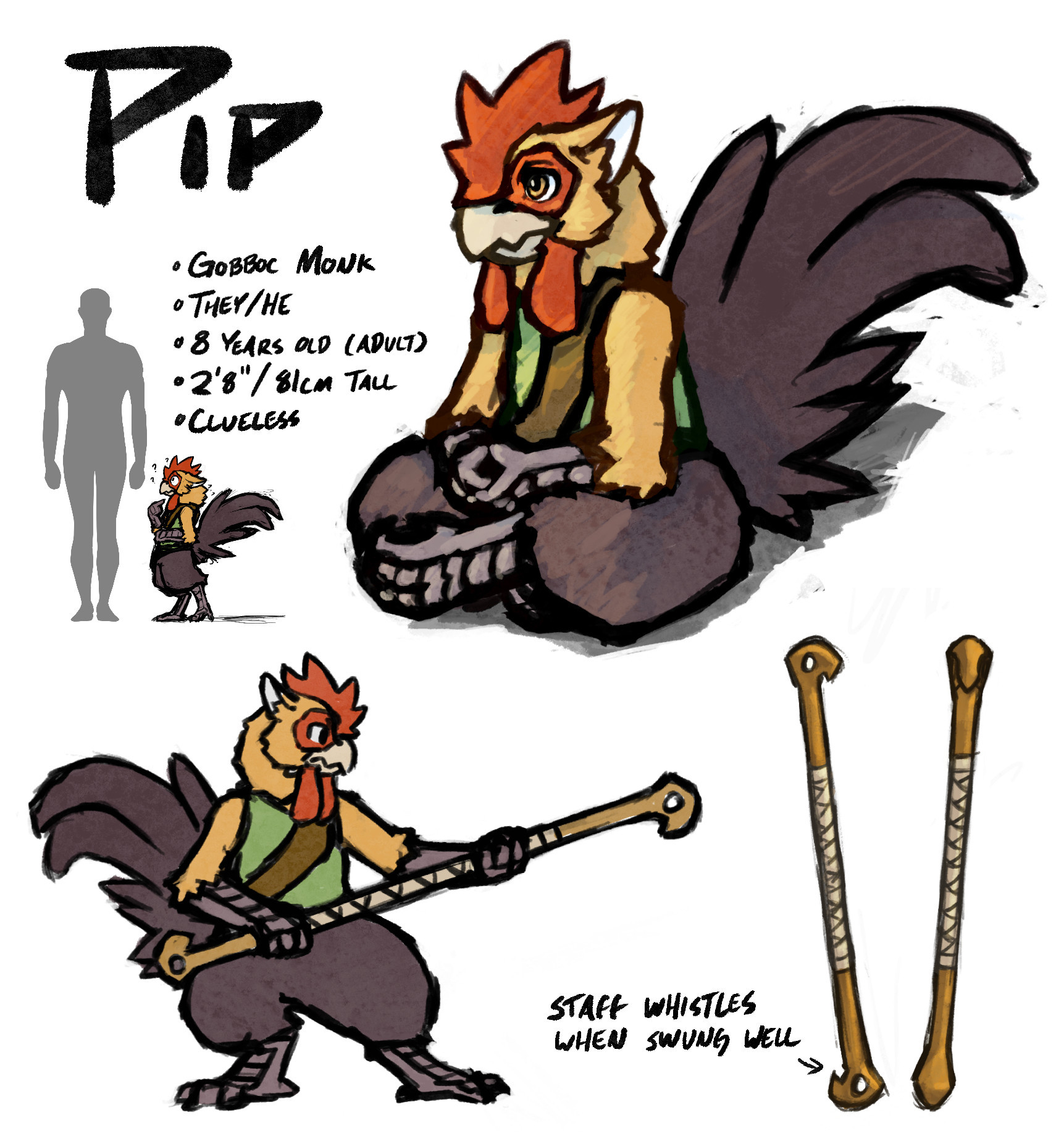 Reference image of a character named Pip who looks like a very small, anthropomorphic campine rooster. Shown in multiple poses, wearing a green vest and brown sash, wielding a wooden staff with ends carved like bird heads.