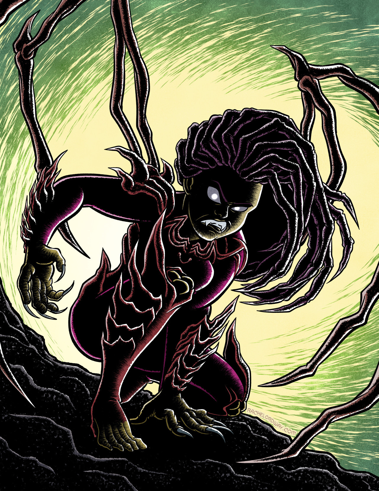 An illustration of Zerg-infected Sarah Kerrigan, aka the "Queen of Blades," from Starcraft. She's a humanoid woman with spiky, hard-edged, bone- or insect-like ridges all over her body, long hair that looks like a cross between bony talons and dreadlocks, and sharp bony structures emerging from her back that look like skeletal wings. She's crouched powerfully on rocky ground, a clawed hand raised for action, snarling at the viewer with fangs and glowing eyes, in deep shadow and backlit by an eerie swirling yellow-and-green glow behind her.