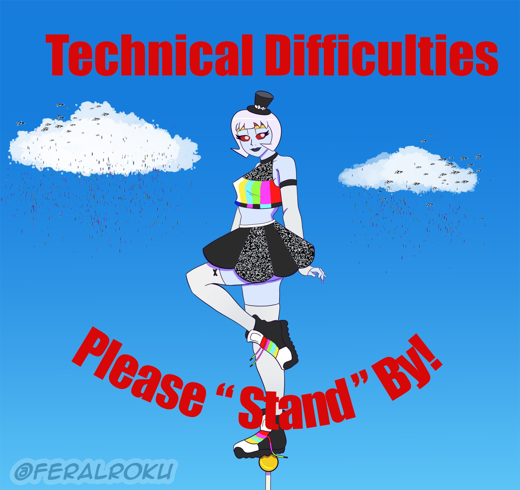 Mara standing on top of a pole while raising her left leg. In the background a couple of clouds are glitching out. In bold red letters are the words: "Technical Difficulties, Please "Stand" by!"