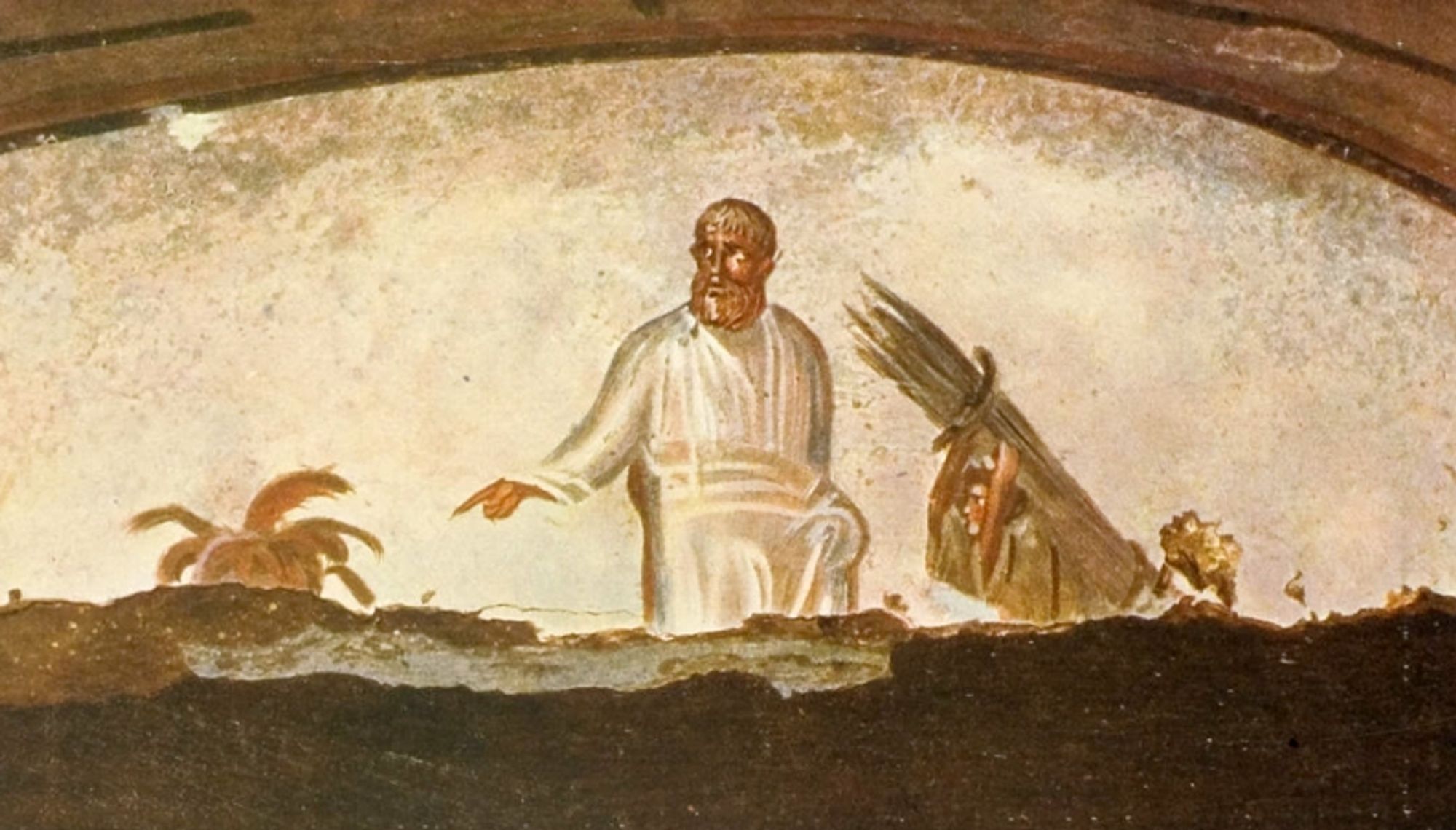 Fresco showing an old man at center pointing towards a flaming altar on the left. On the right a young man carries a bound bunch of wood on his back.