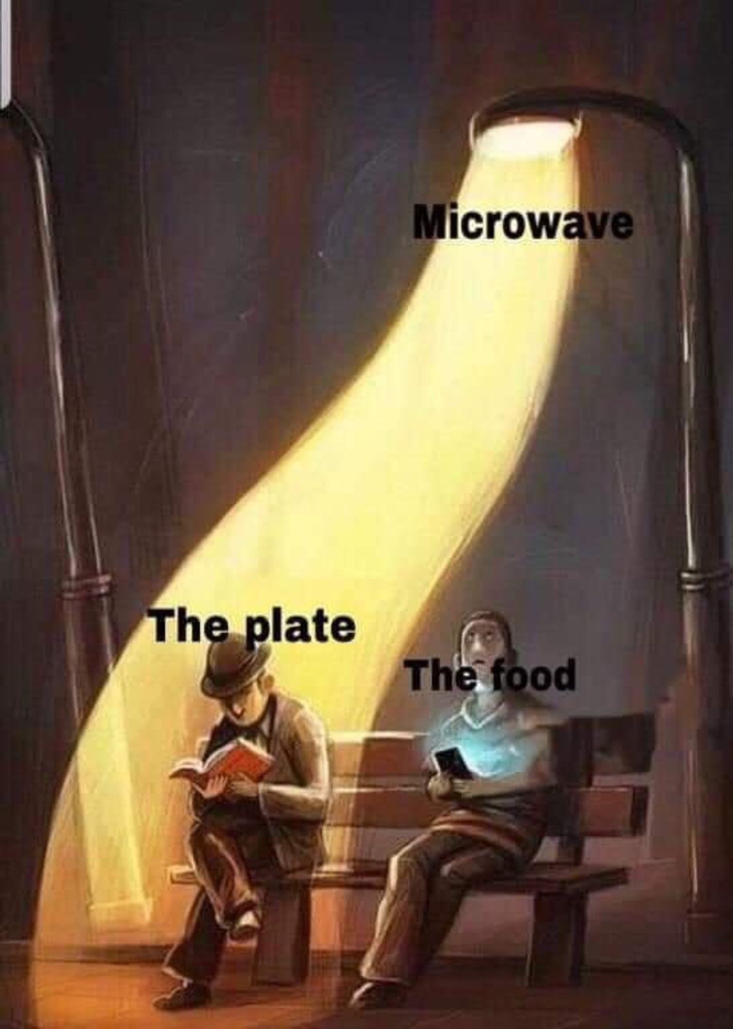 art of a lightstand labeled Microwave going sideways to hit a man that says - the plate - and ignoring a man labeled The food