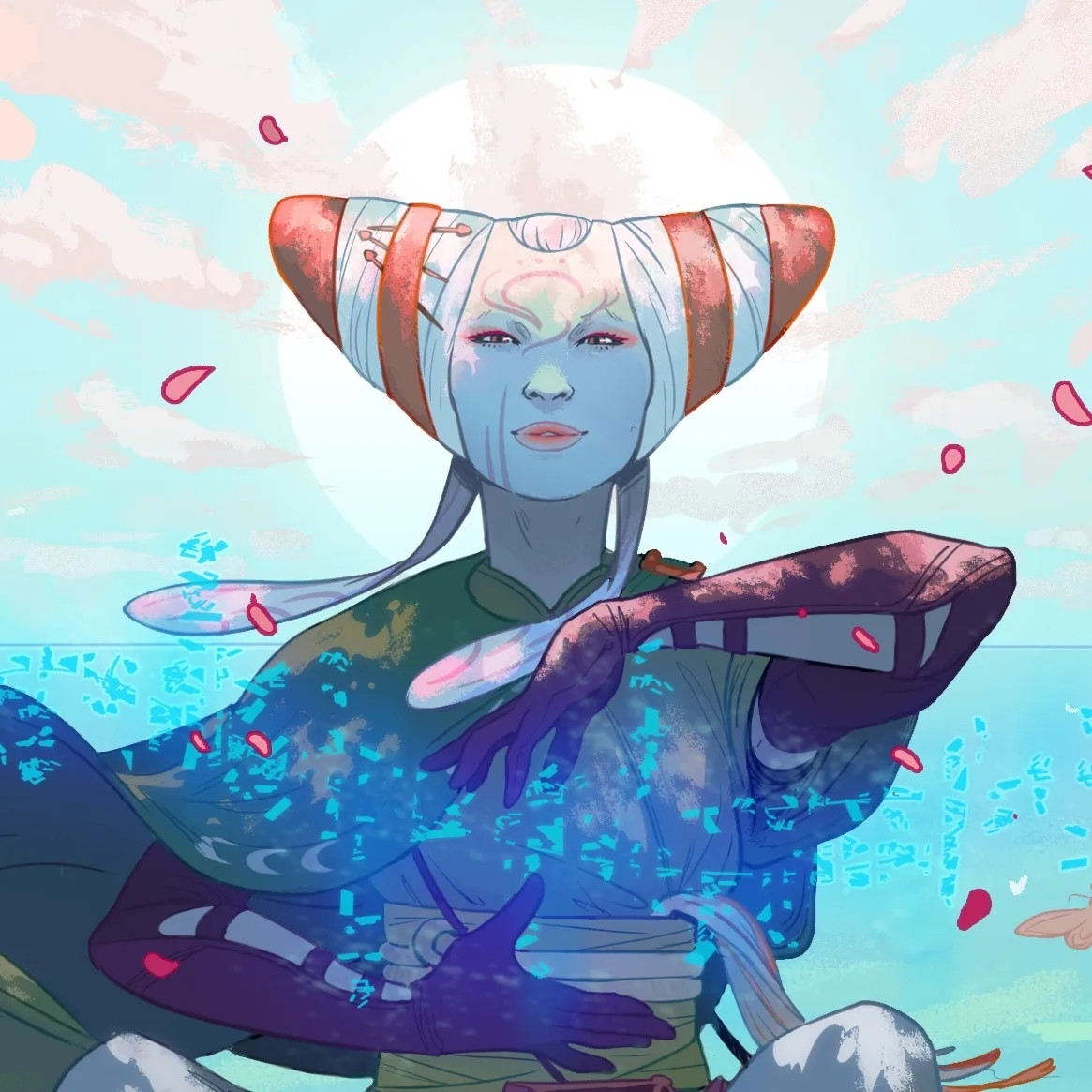 Close up of of a bright scene featuring Tamiyo, floating and performing magic, the sun behind her