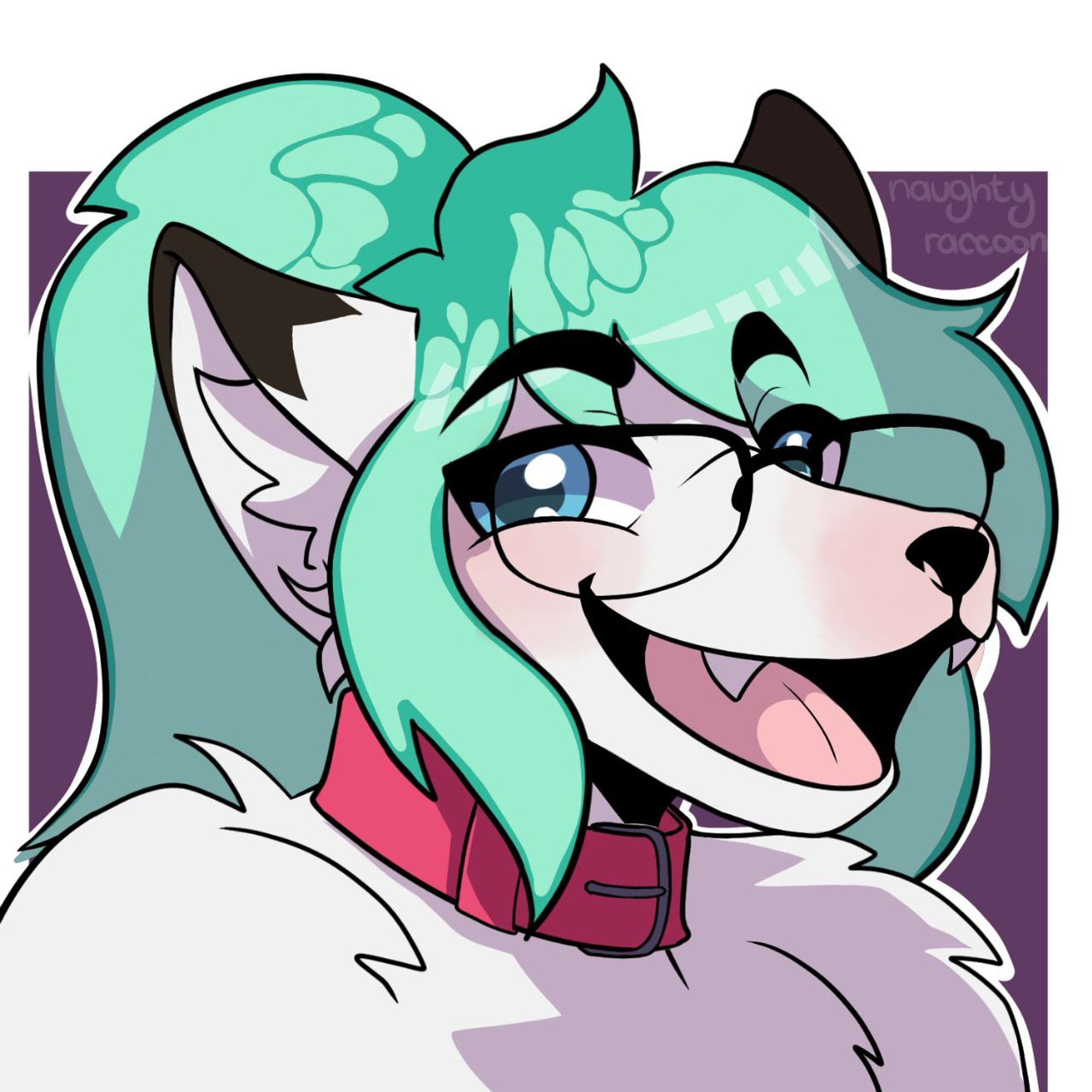 anthro arctic fox, they are giving a big happy smile, their hair dyed teal and wearing their favorite pink collar!