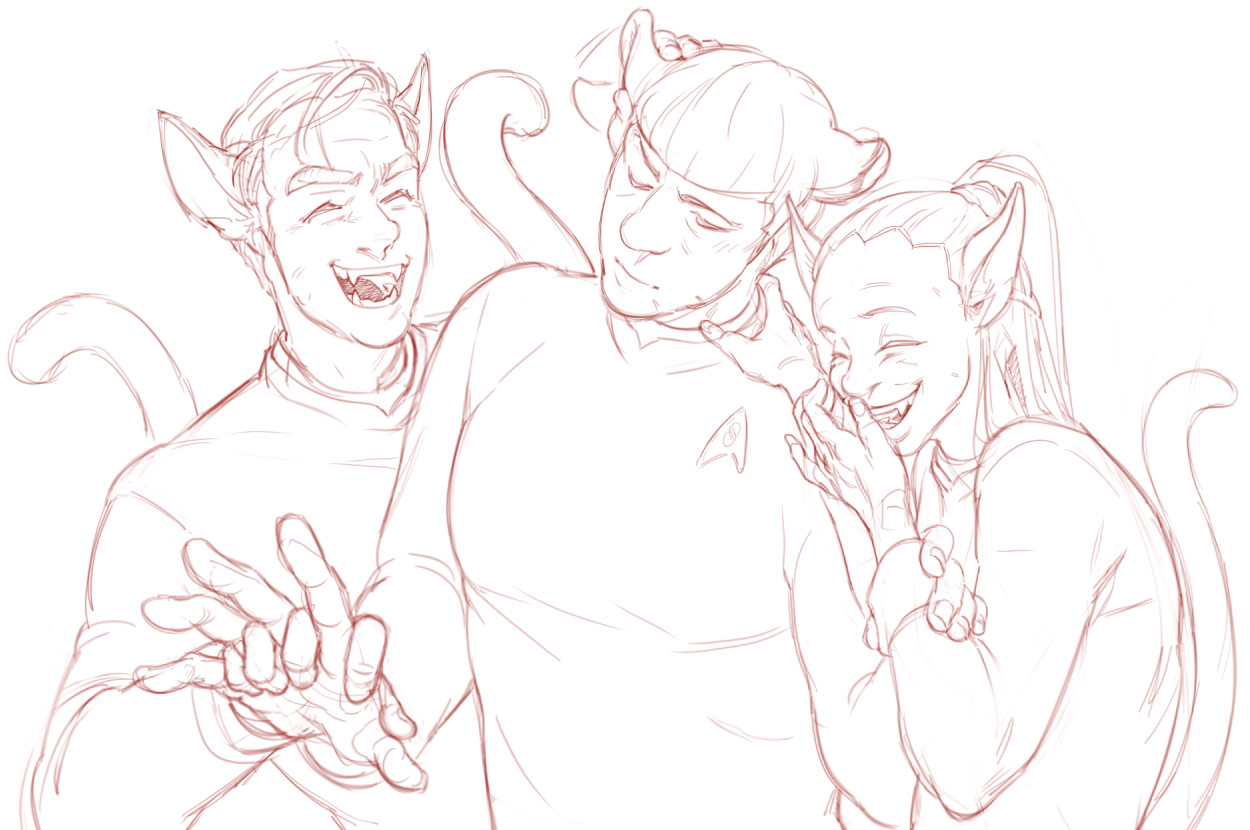 Left: Kirk with Cat ears and tail laughing, smiling wide with his sharp teeth visible. His right hand on Spock's Jaguar ear and the other intertwined with Spock's hand.
Middle: Jaguar Spock vibing, being adored by two (cat)people surrounding him. His eyes are closed and a light grin is visible. His right ear flicks from Kirk playing with them as well as his larger cat tail showing itself in the background. His right hand is caught with Kirk and this left hand rests on Uhura's arm.
Right: Cat Uhura leaning into Spock and laughing. Her wide smile also showing her sharp teeth. The right hand rests on Spock's neck while the other she has it in front of her face to cover the laughter a little.