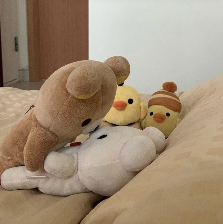 Two Rilakkuma(bear) plushies lying in bed placed on top of each other suggestively with their snoots touching. The top one is brown while the bottom one is white.
Two chick plushies are watching the scene from behind.