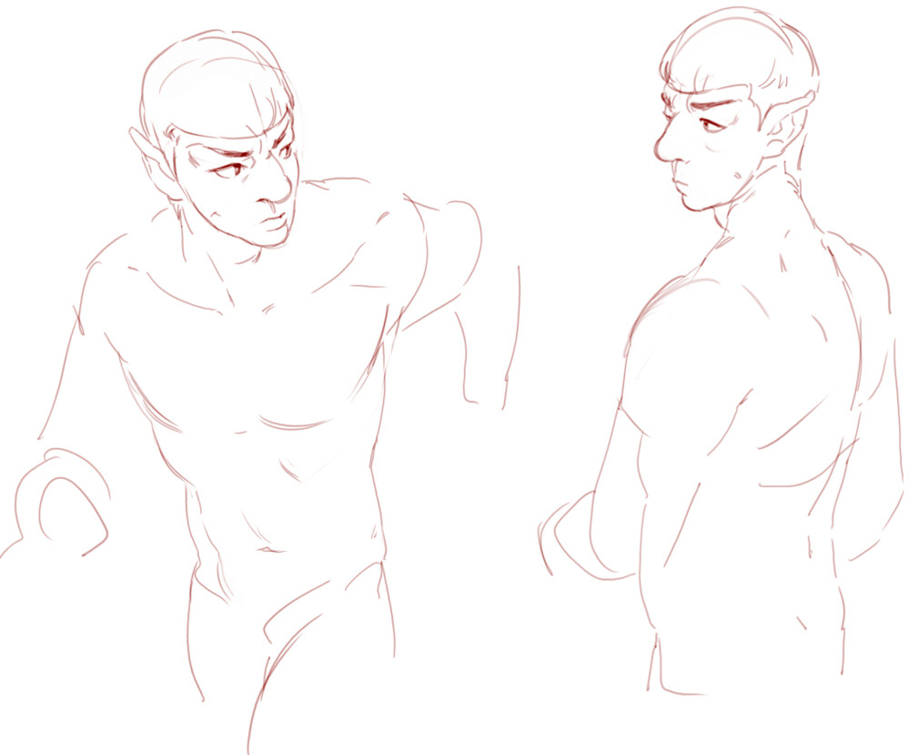 unfinished drawings of younger Spock who is slim and is more on edge and beyond version Spock who is calmer with a bit more thickness to him.