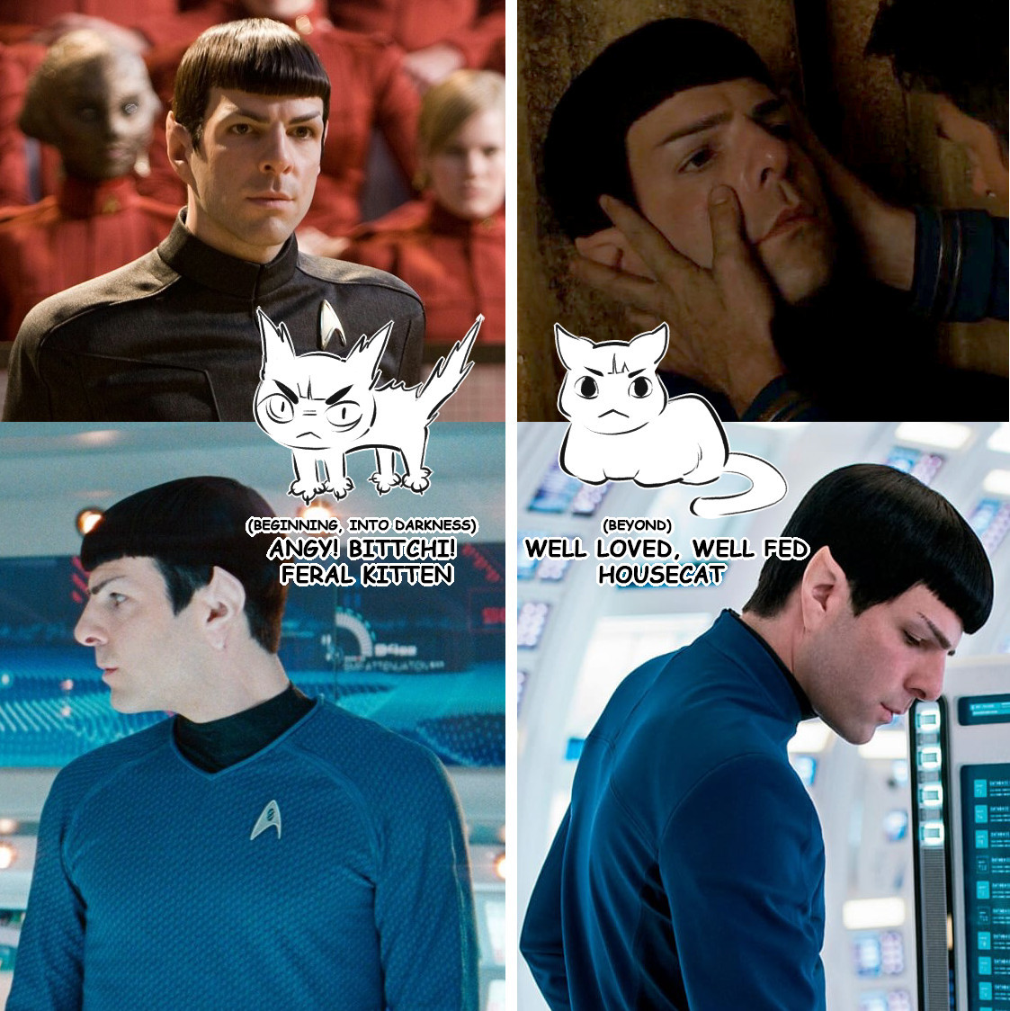 Left images: Quinto Spock from Star Trek-Into Darkness
A feisty looking cat drawn with angry eyebrows is labeled "ANGY! BITTCHI! FERAL KITTEN"
Right images: Quinto Spock from Star Trek-Beyond
A slightly chonky looking cat is loafing, drawn with tilted eyebrows and big pupils labeled "WELL LOVED, WELL FED, HOUSE CAT"

