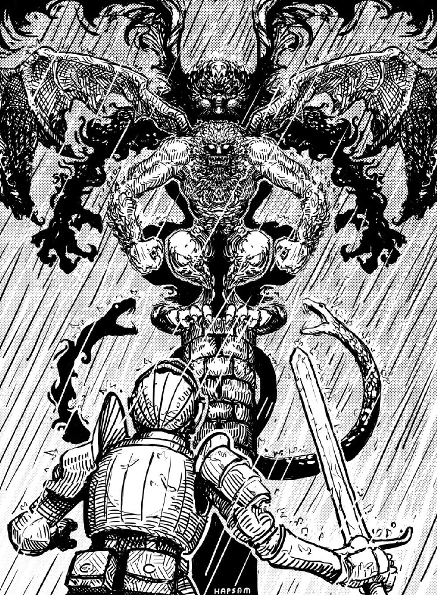 ink illustration, rain, knight, demons