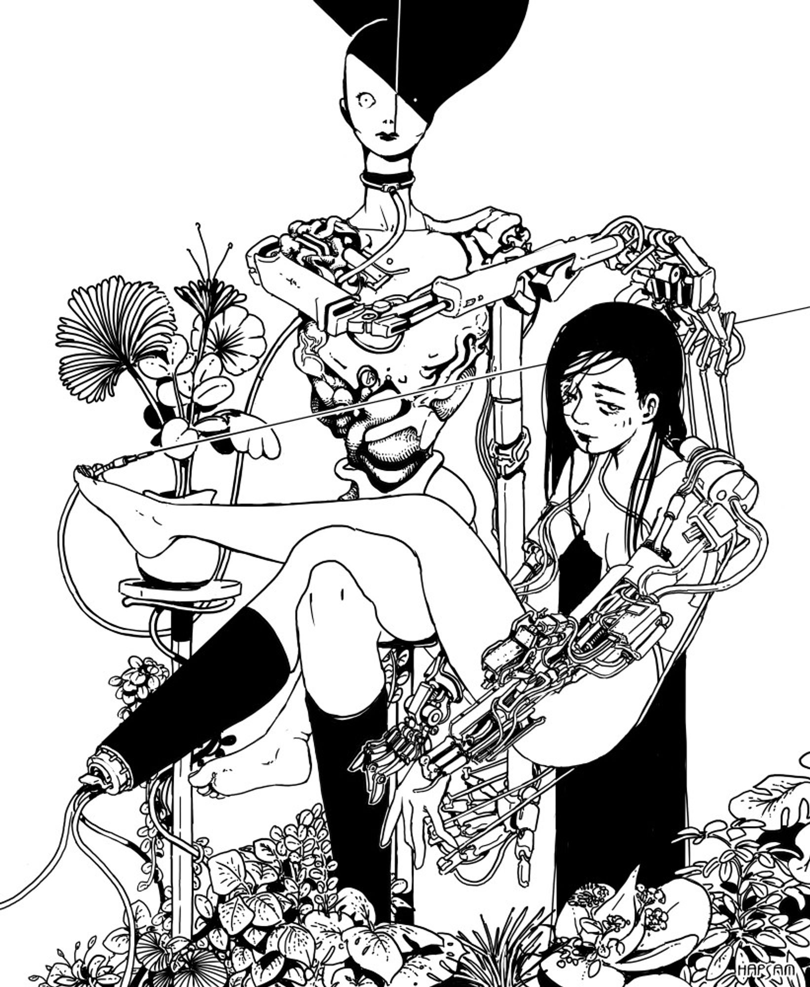 Ink illustration, flowers, women, robotic replacement of body parts.