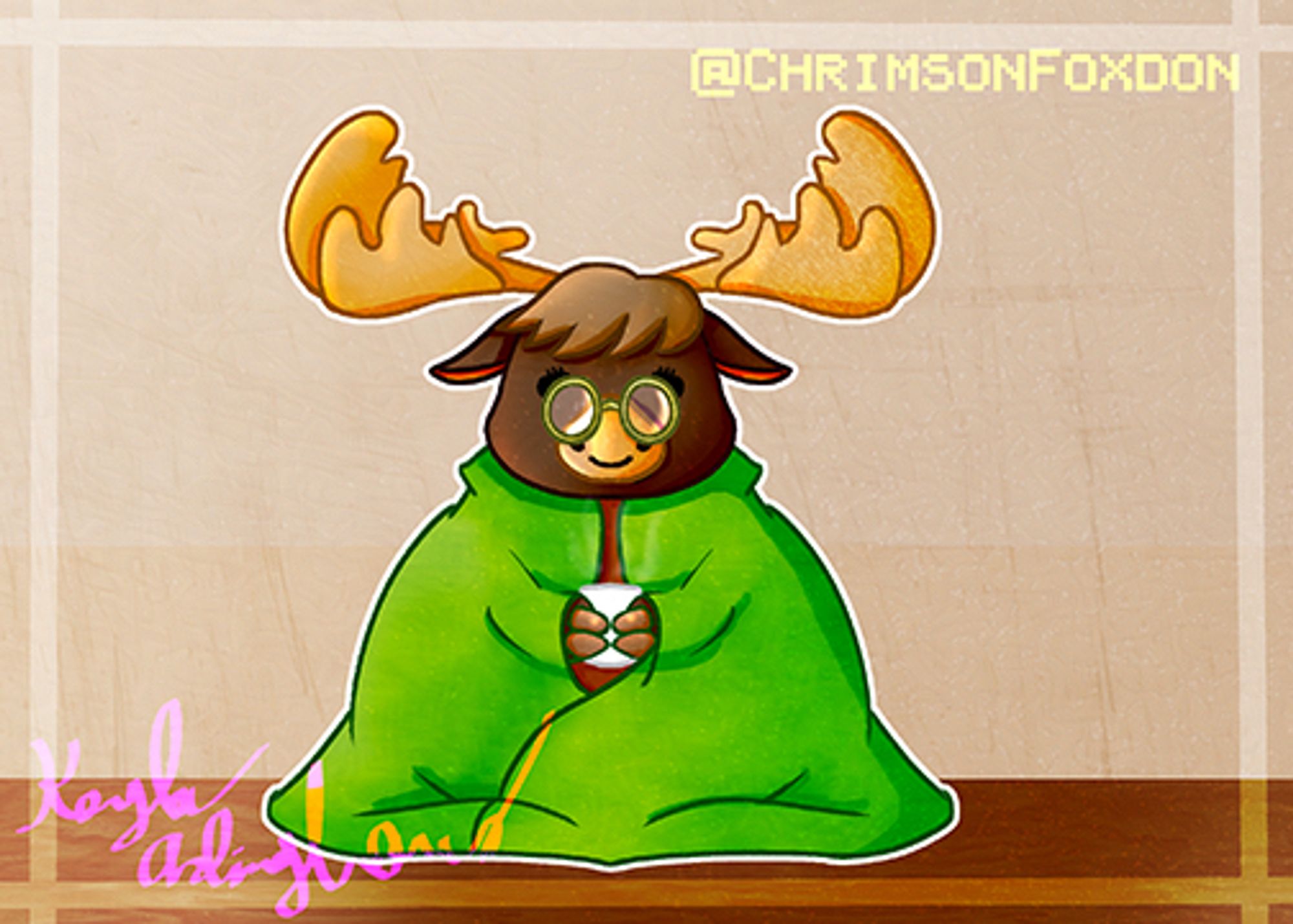 Drawing of Fern from Kinder World. They are wrapped in a green blanket holding a steaming drink in their hooves.