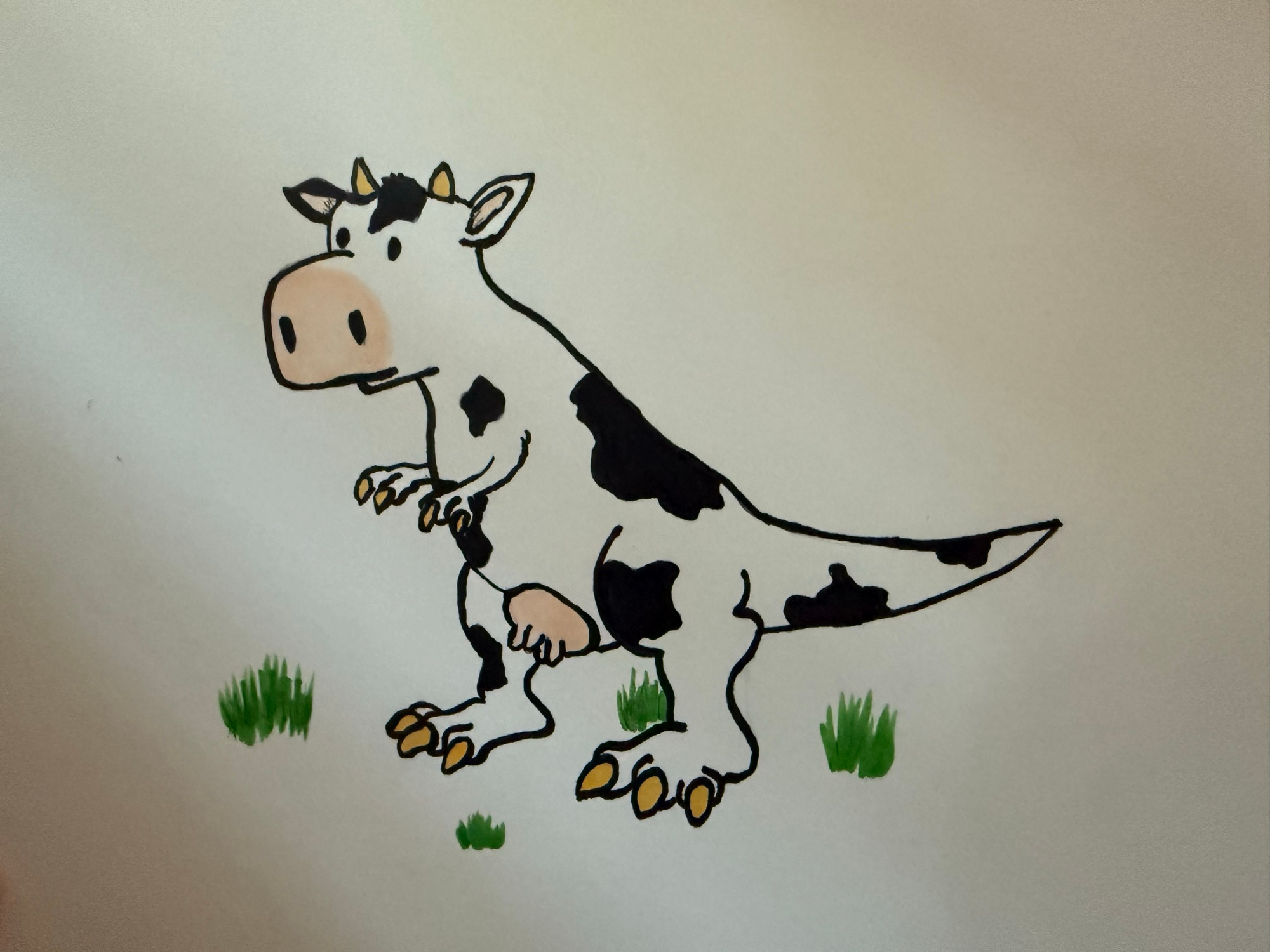 An illustration of a T-Rex with a cow head, cow spots and cow udders.