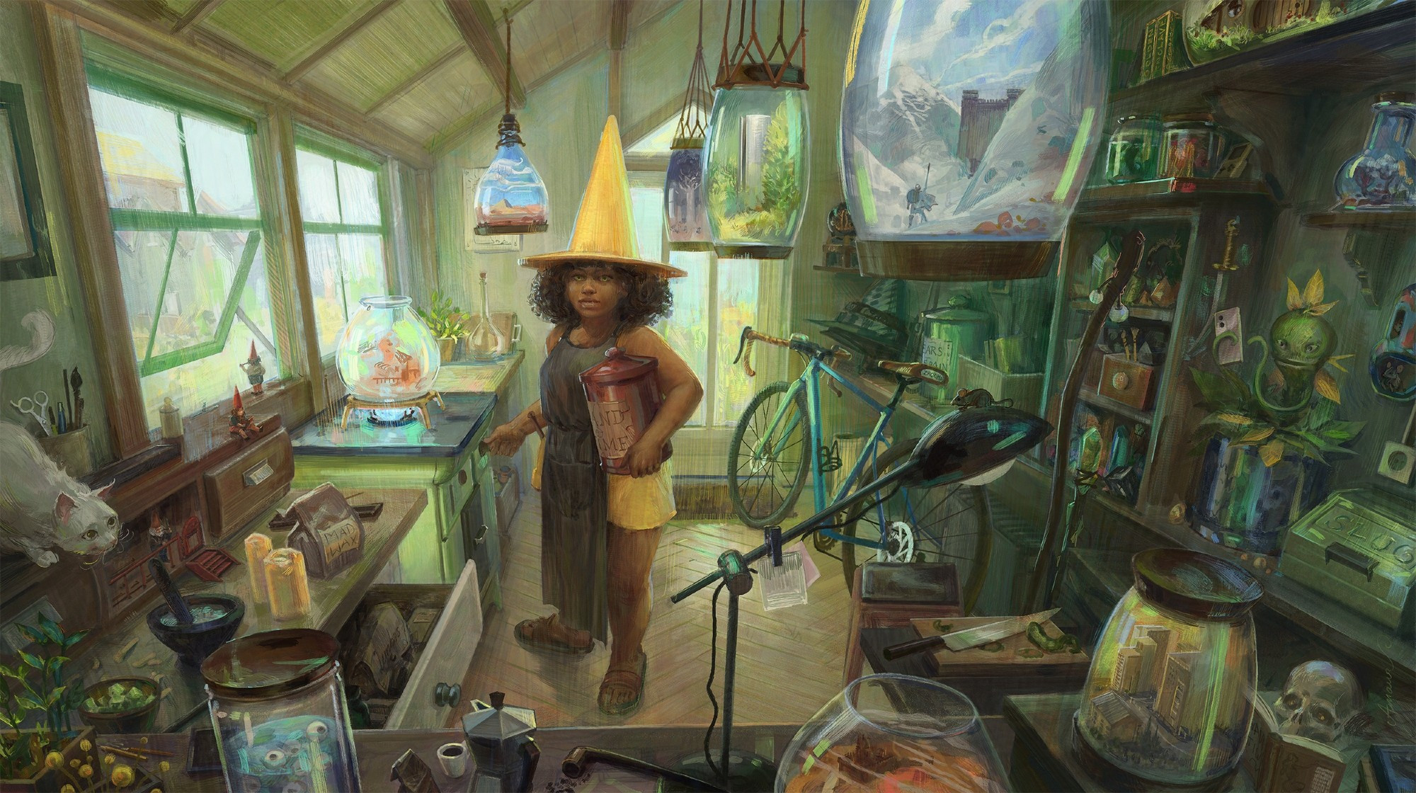 A Witch with a bright yellow hat stand in the middle of her world-making workshop