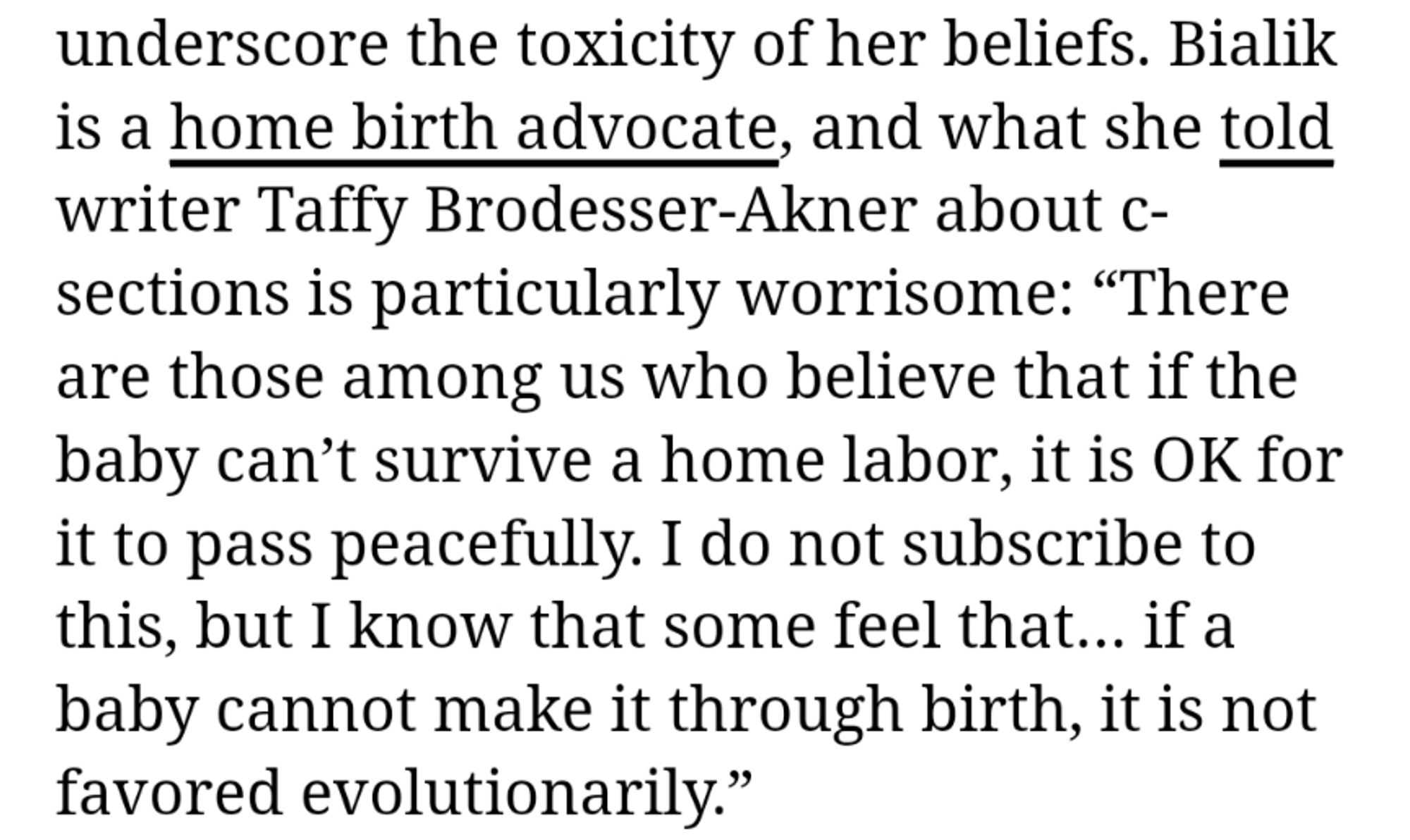 Screenshot of a Rolling Stone article where Mayim Bialik advocates babies dying if they can't survive a home birth.