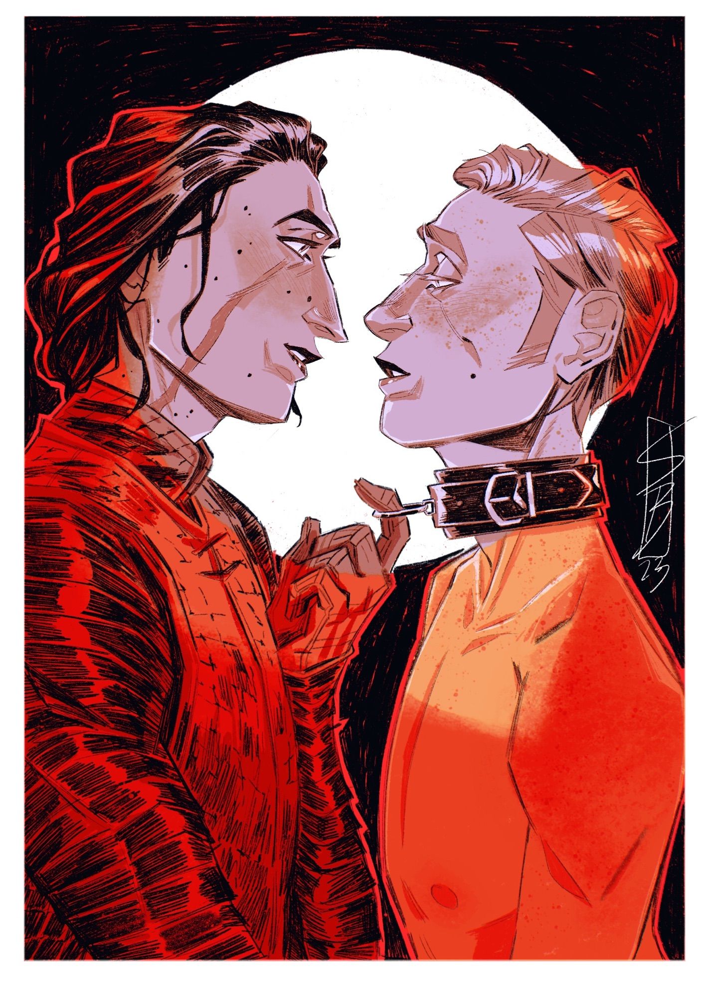 Kylo Ren and General Hux facing each other. Kylo wears his robes, Hux is naked and only wears a thick collar. Kylo has a finger hooked through the ring on the collar. Both look very pleased.