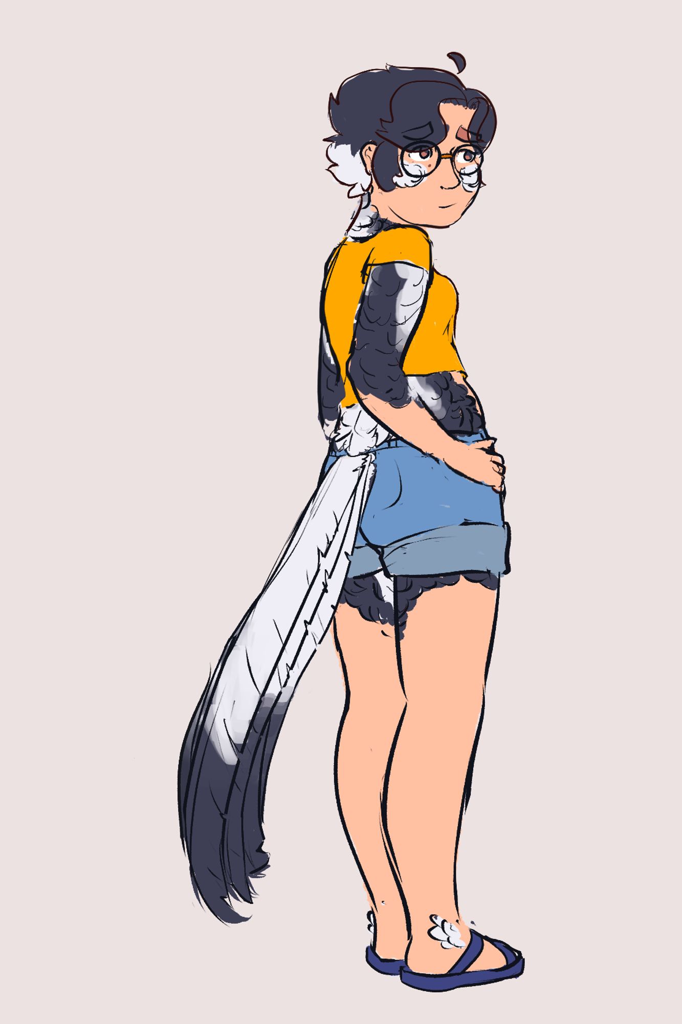 A drawing of Cass, aka The Magpie. Cass is a tall, average-weight woman with denim shorts, a crop top, and sandals. Her hair is short and fluffy, with longer asymmetrical bangs. She wears glasses, has thick brown eyebrows and brown eyes.

In various spots on her body are feathers - on her cheeks, her ankles, running down the back of her neck, on her arms down to the elbows, on her upper thighs, and on the back half of her torso. She has tail feathers too, protruding from a hole tailored into her shorts - long, fluffy feathers loosely sitting atop each other. All of her feathers are black and white, in a pattern resembling the plumage of the Australian magpie.

She is facing away from the viewer, hands on her hips and head turned off to the side. Her expression seems anxious or worried, but she still has a faint smile.