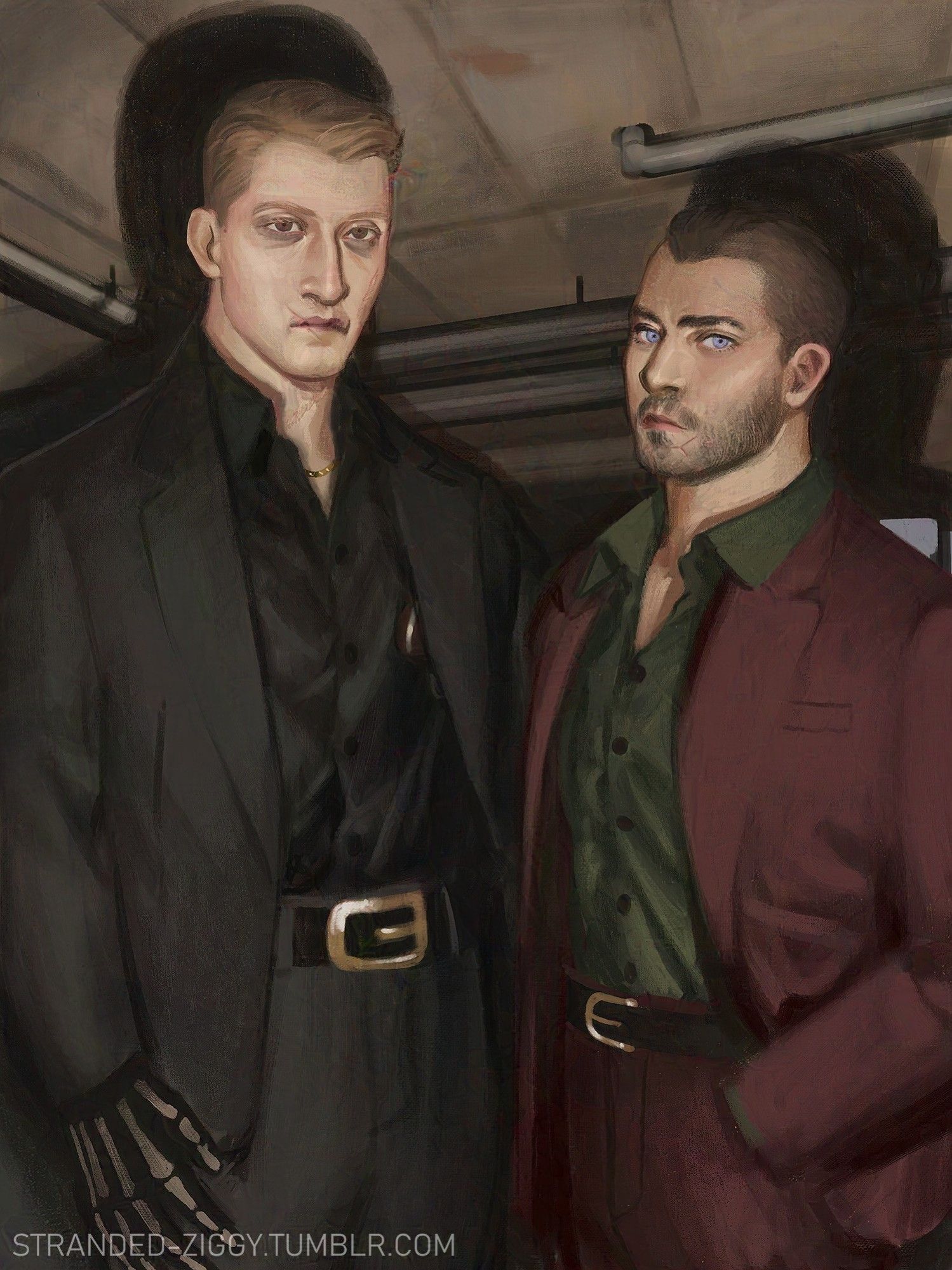 digital painting of ghost (left) and soap (right) dressed in stylish suits

Ghost has no mask in this version