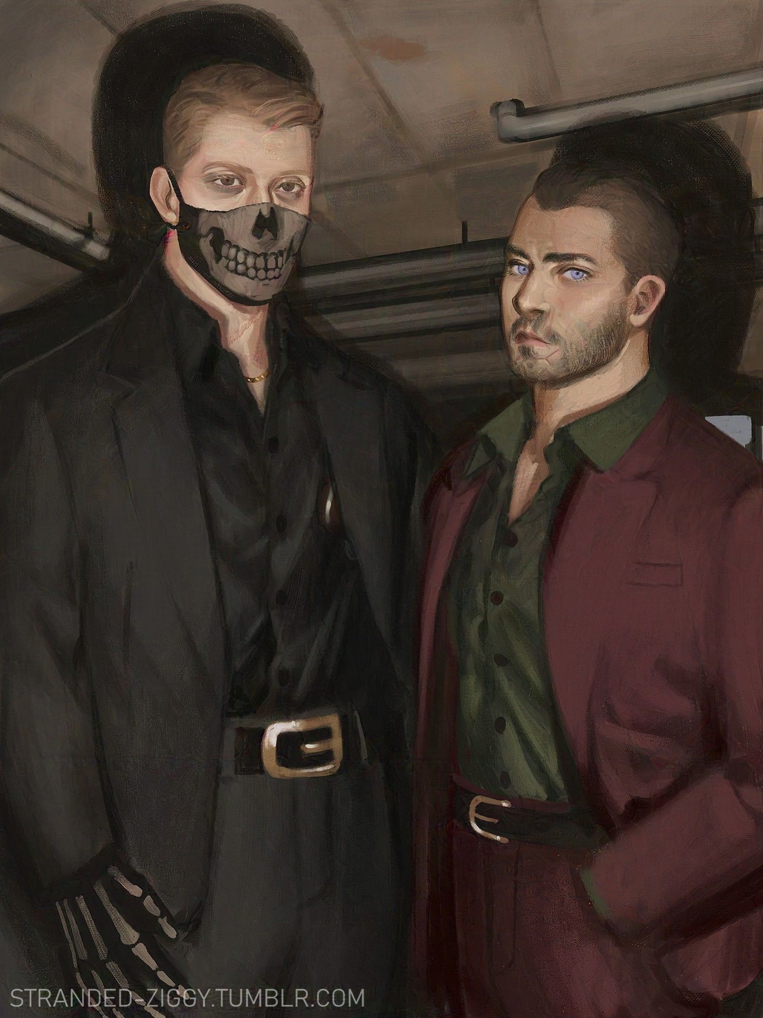 digital painting of ghost (left) and soap (right) dressed in stylish suits

Ghost has his mask on in this version