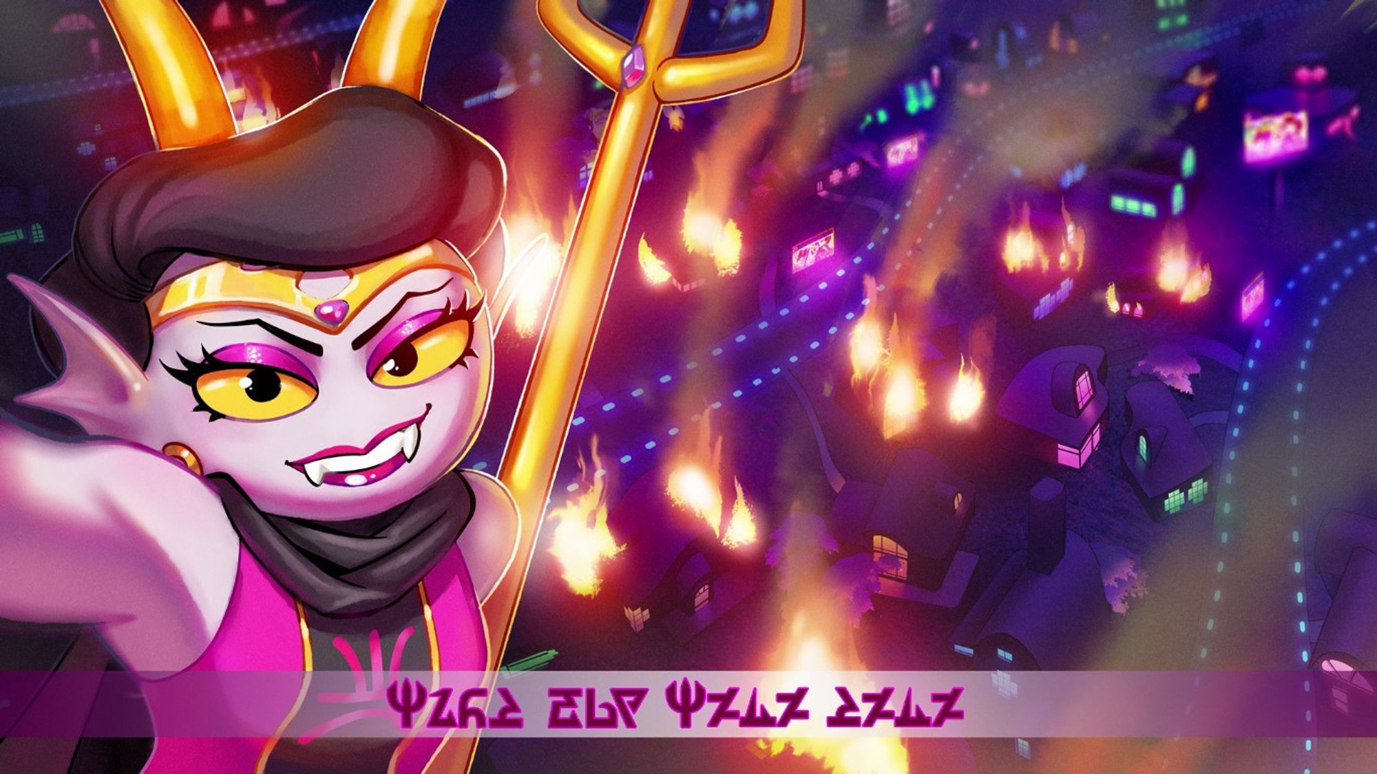 The last frame of the game Hiveswap: Act 1, depicting the fuchsiablood troll Trizza Tethis taking a selfie in front of a burning neighborhood. The text "wish you were here" is at the bottom in Alternian, with the W's replaced with the Greek symbol ψ, which resembles a W.