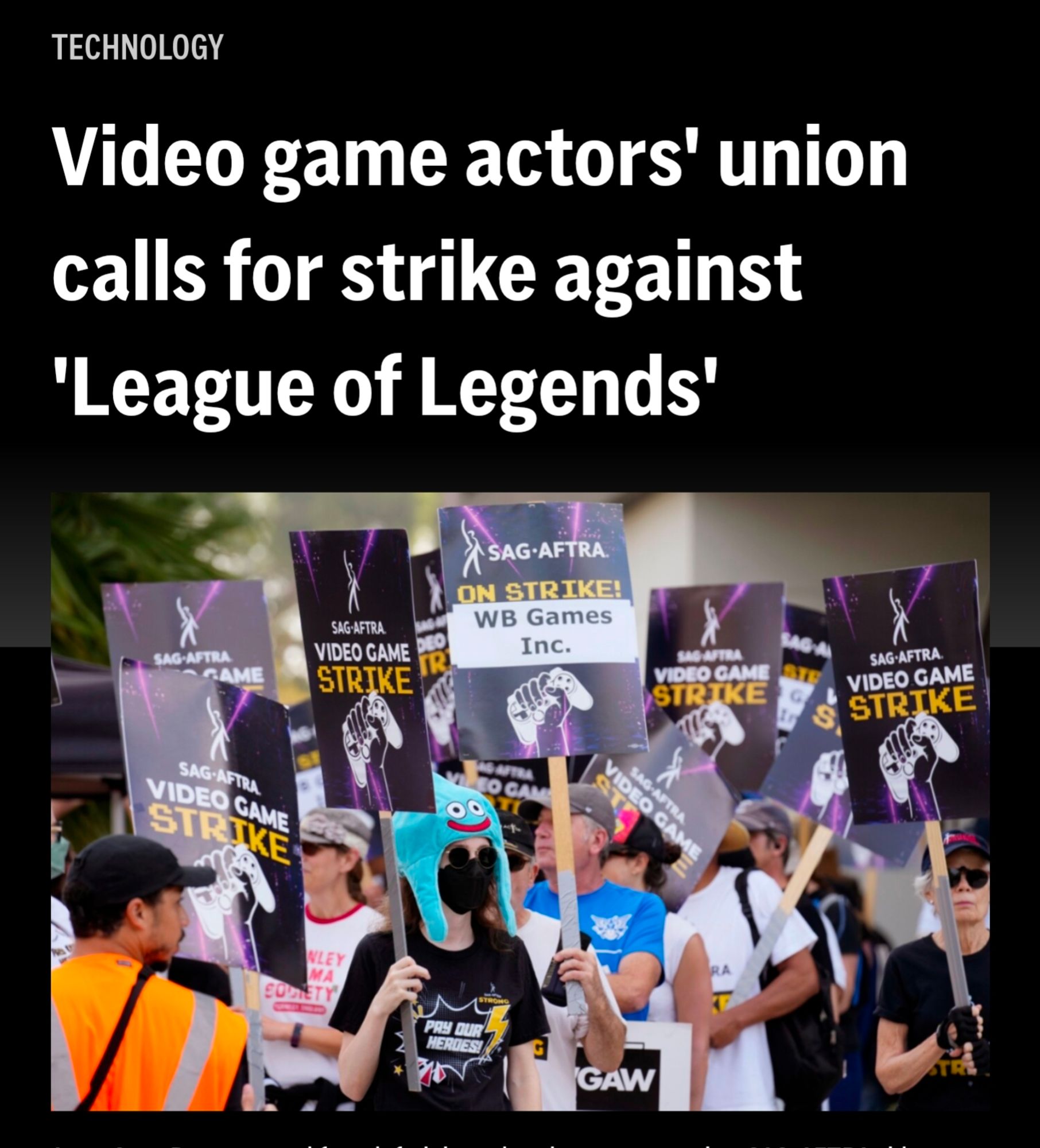 Video game actors' union calls for strike against "League Of Legends" https://apnews.com/article/sagaftra-formosa-interactive-league-of-legends-49c2552fe96afaa04c59ddddcd9703b5