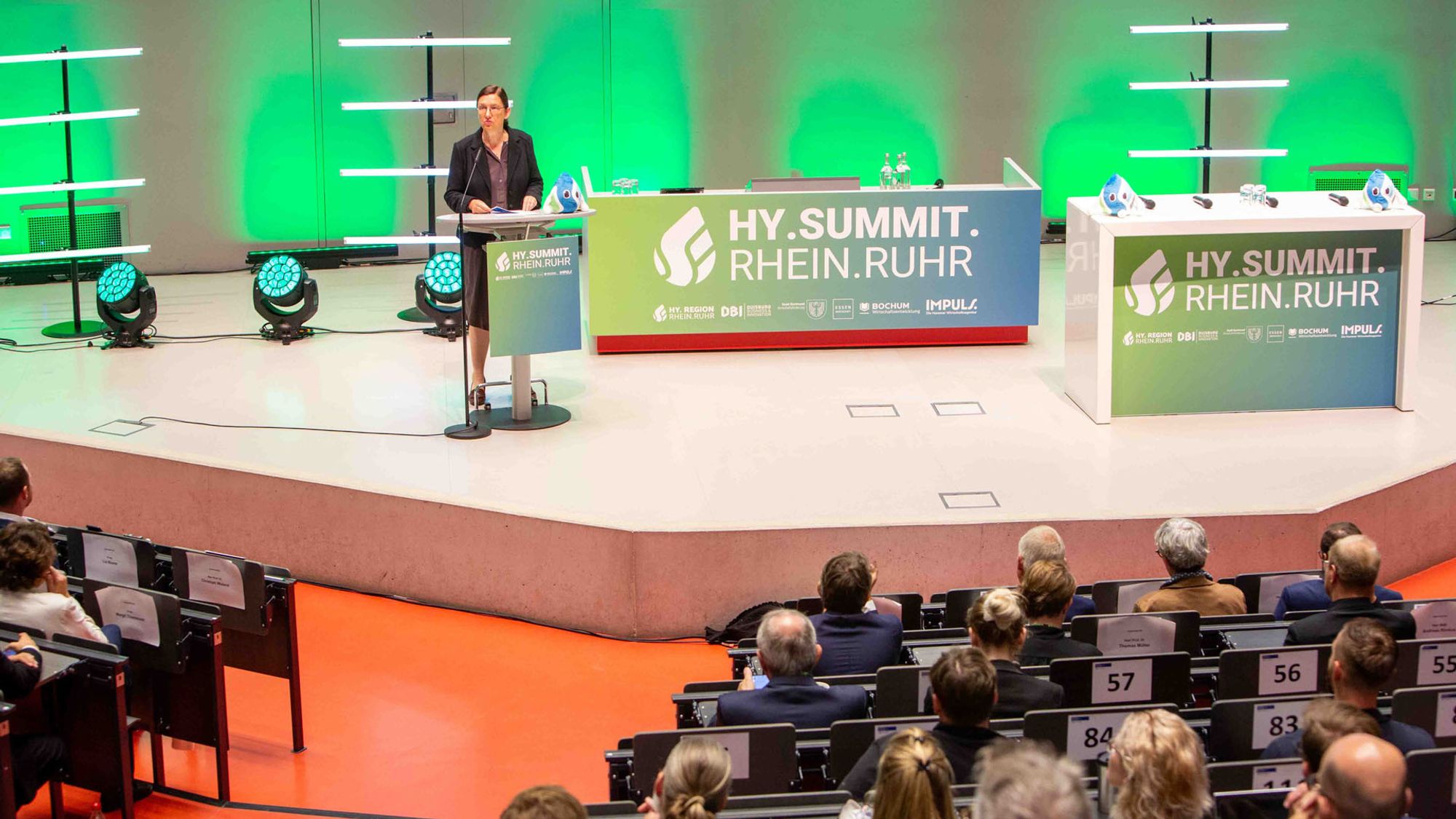 Blick auf die Bühne im Audimax am Essener Campus. Am Rednerpult steht UDE-Rektorin Prof. Dr. Barbara Albert.