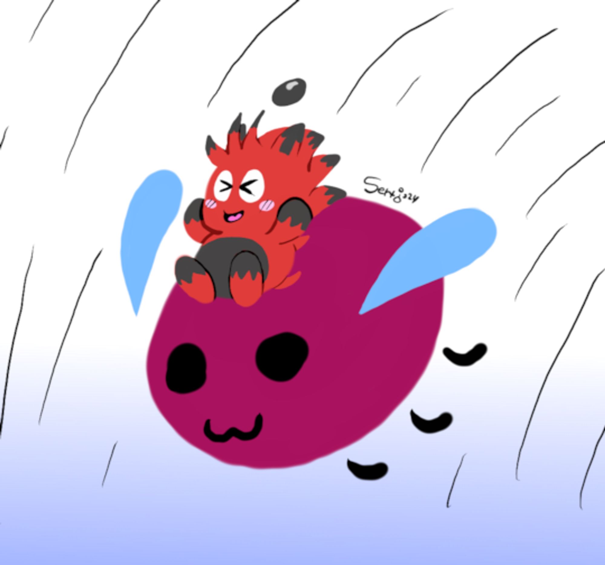 A lineless illustration of Sertimus having a thrilling ride on an eggbug (mascot of cohost, a microblogging social media network).